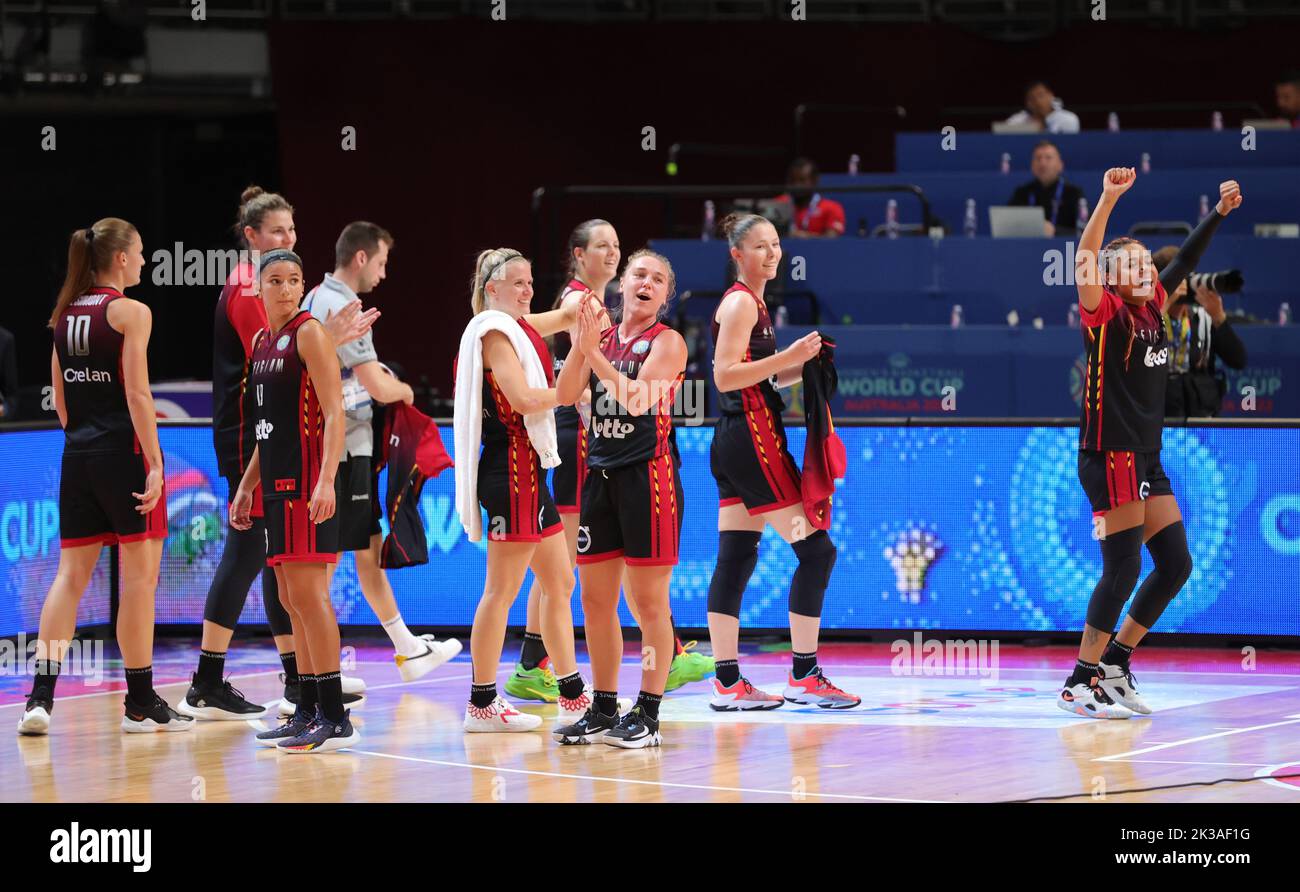 Belgian Cats' players celebrate after winning a basketball game between Belgium's national team the Belgian Cats and Bosnia and Herzegovina, Monday 26 September 2022 in Sydney, Australia, match 4/5 in Group A at the FIBA Women's Basketball World Cup. The 19th edition of the FIBA Women's Basketball World Cup 2022 takes place from 22 September to 01 October in Sydney, Australia. BELGA PHOTO VIRGINIE LEFOUR Stock Photo