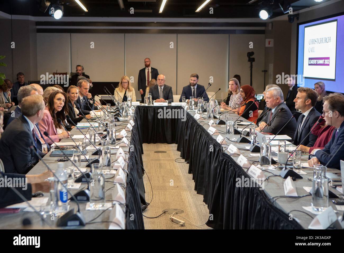 King Abdullah II of Jordan (3rd from R), French President Emmanuel Macron (2nd from R) and New Zealand Prime Minister Jacinda Ardern (4th from L) participate in the Christchurch Call Leaders Summit, in New York City, NY, USA on September 20, 2022. Photo by Balkis Press/ABACAPRESS.COM Stock Photo
