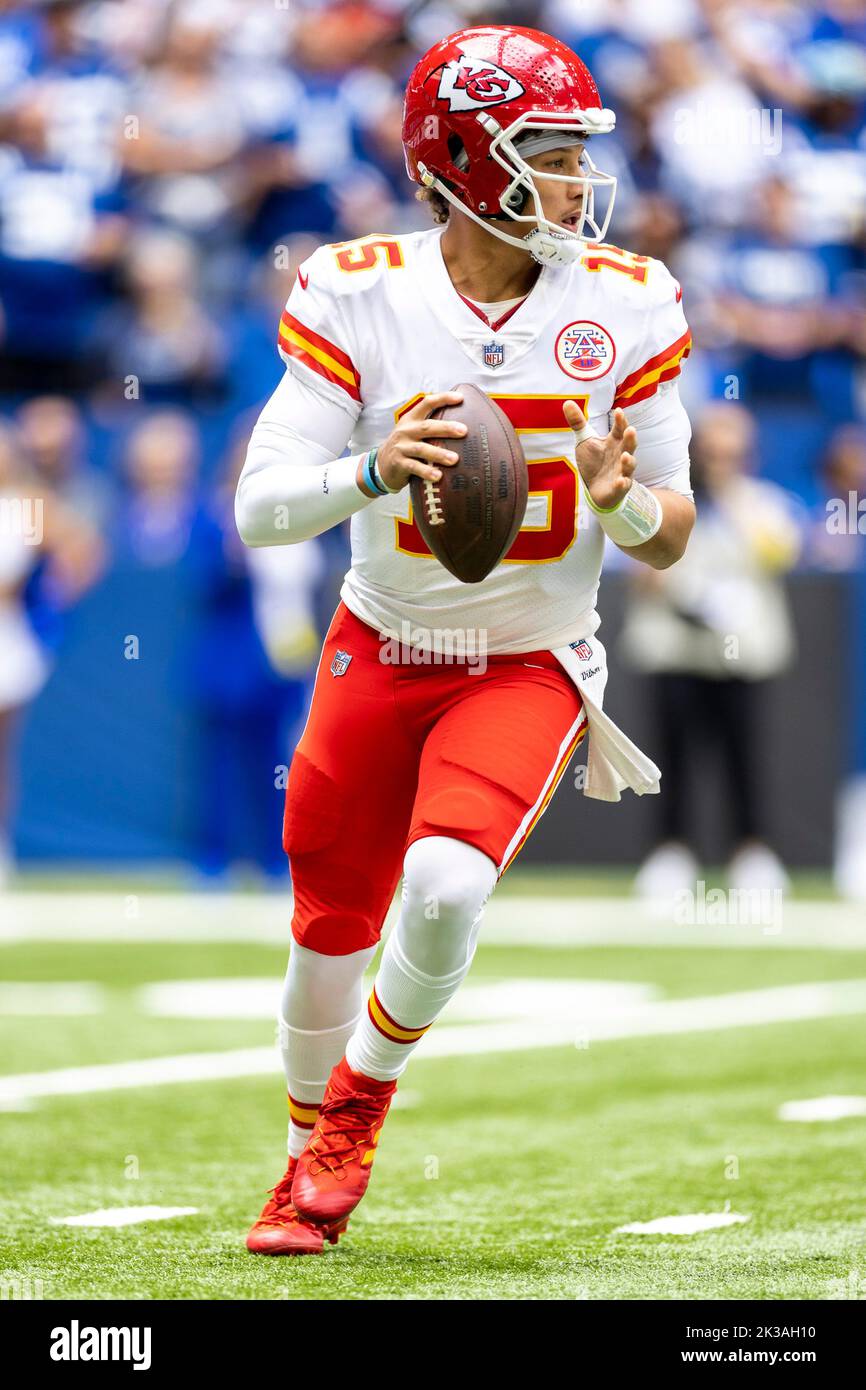 Kansas City Chiefs quarterback Patrick Mahomes (15) scrambles during an NFL  football game against the Washington Football Team, Sunday, Oct. 17, 2021,  in Landover, Md. (AP Photo/Mark Tenally Stock Photo - Alamy