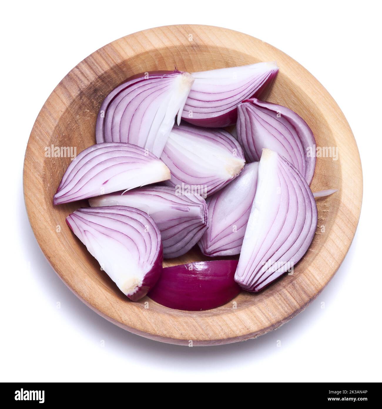 Sliced Red Onion in wooden bowl isolated on white background Stock ...