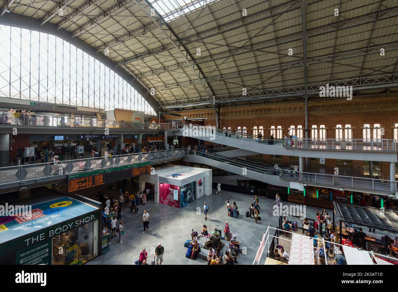 Madrid, Spain, September 2022.  panoramic view of the tropical garden inside the Atocha railway station in the city center Stock Photo