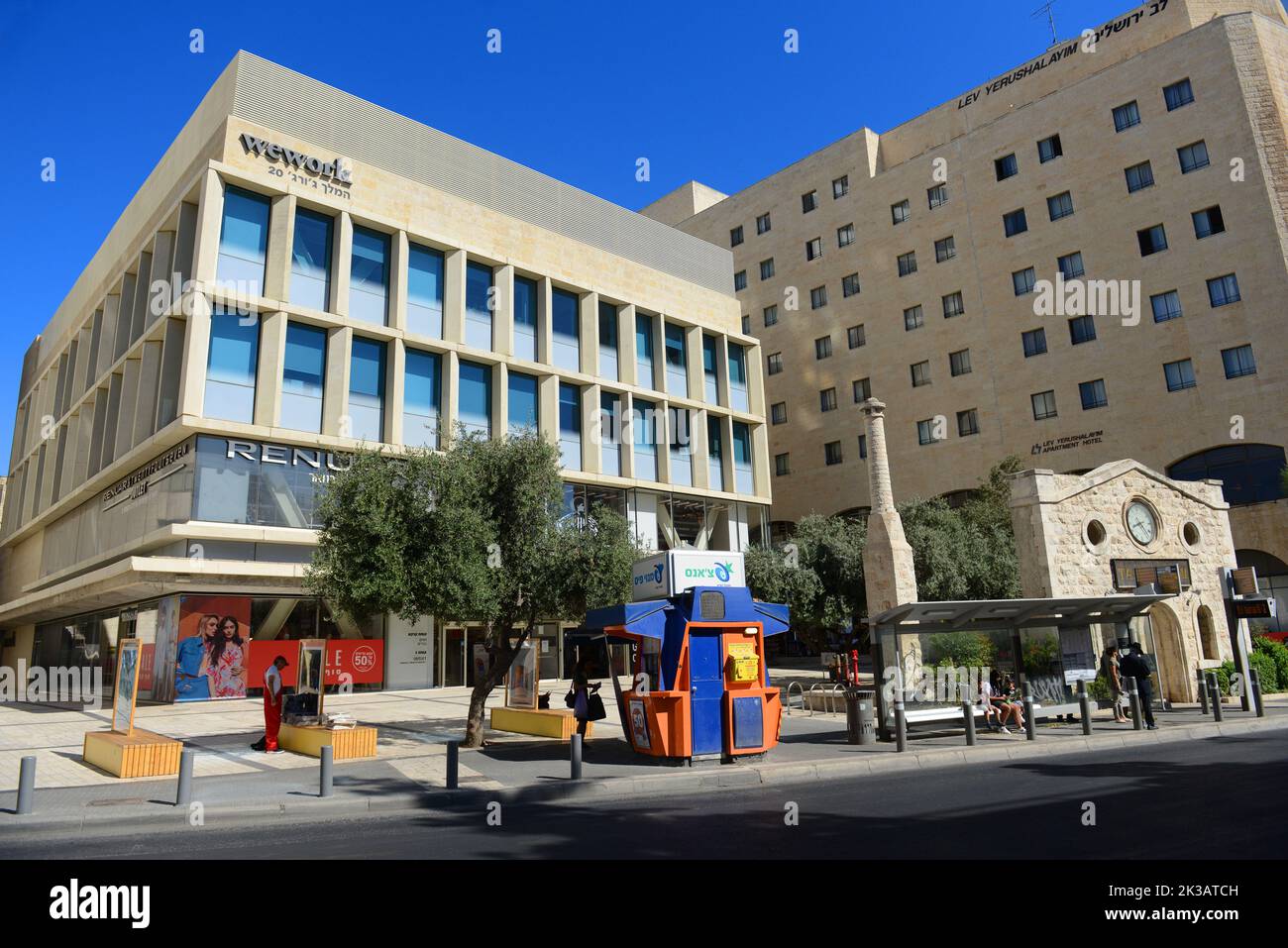 WeWork building and the iconic Talitha Kumi facade on King George V street in central Jerusalem, Israel. Stock Photo