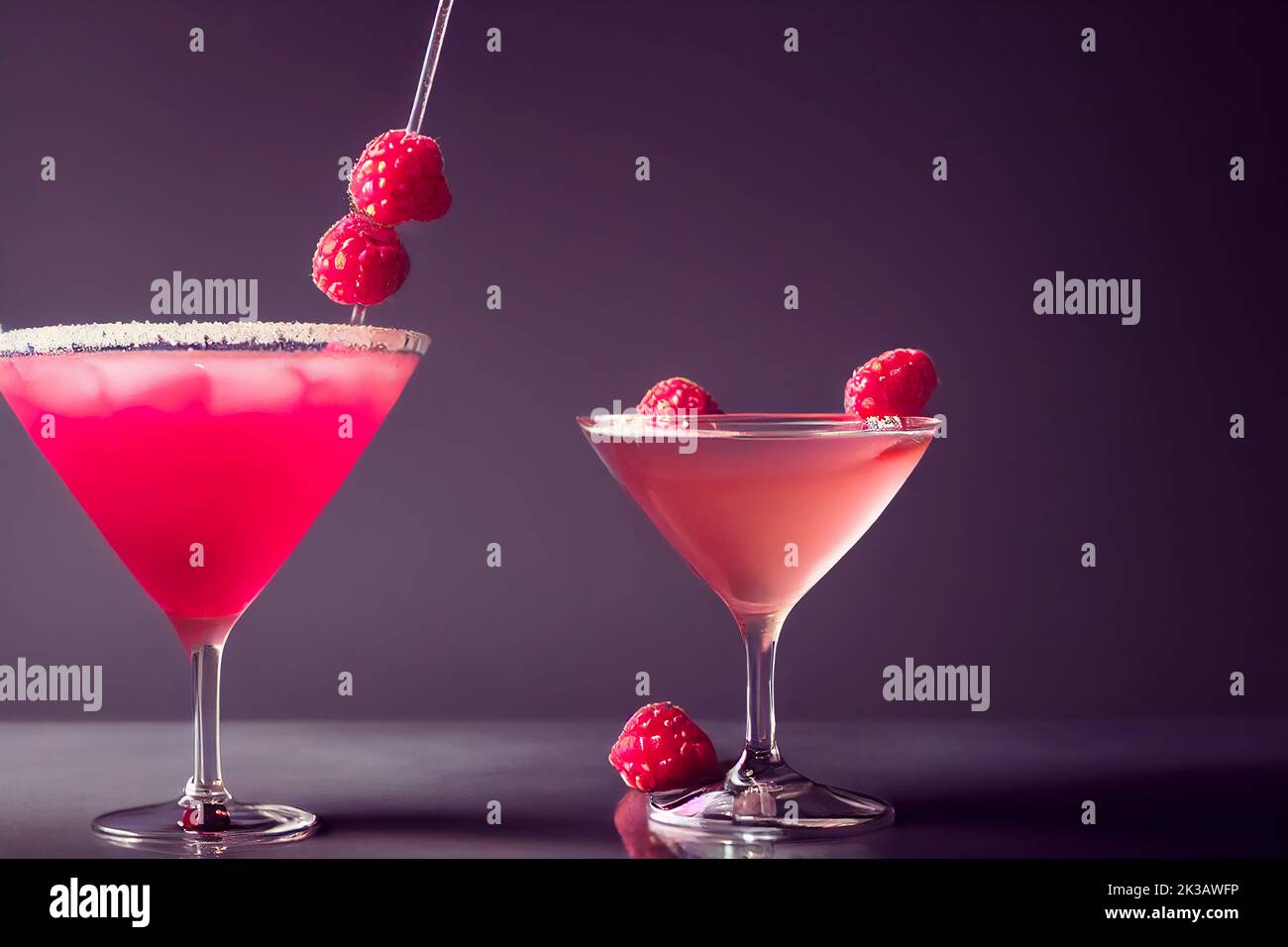 Beautiful raspberry cocktail in flute martini glasses on dark