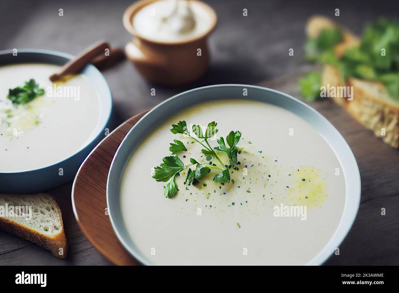 Potato cream soup puree, vegetarian meal on a wooden table, parsley garnish and toast, food photography and illustration Stock Photo