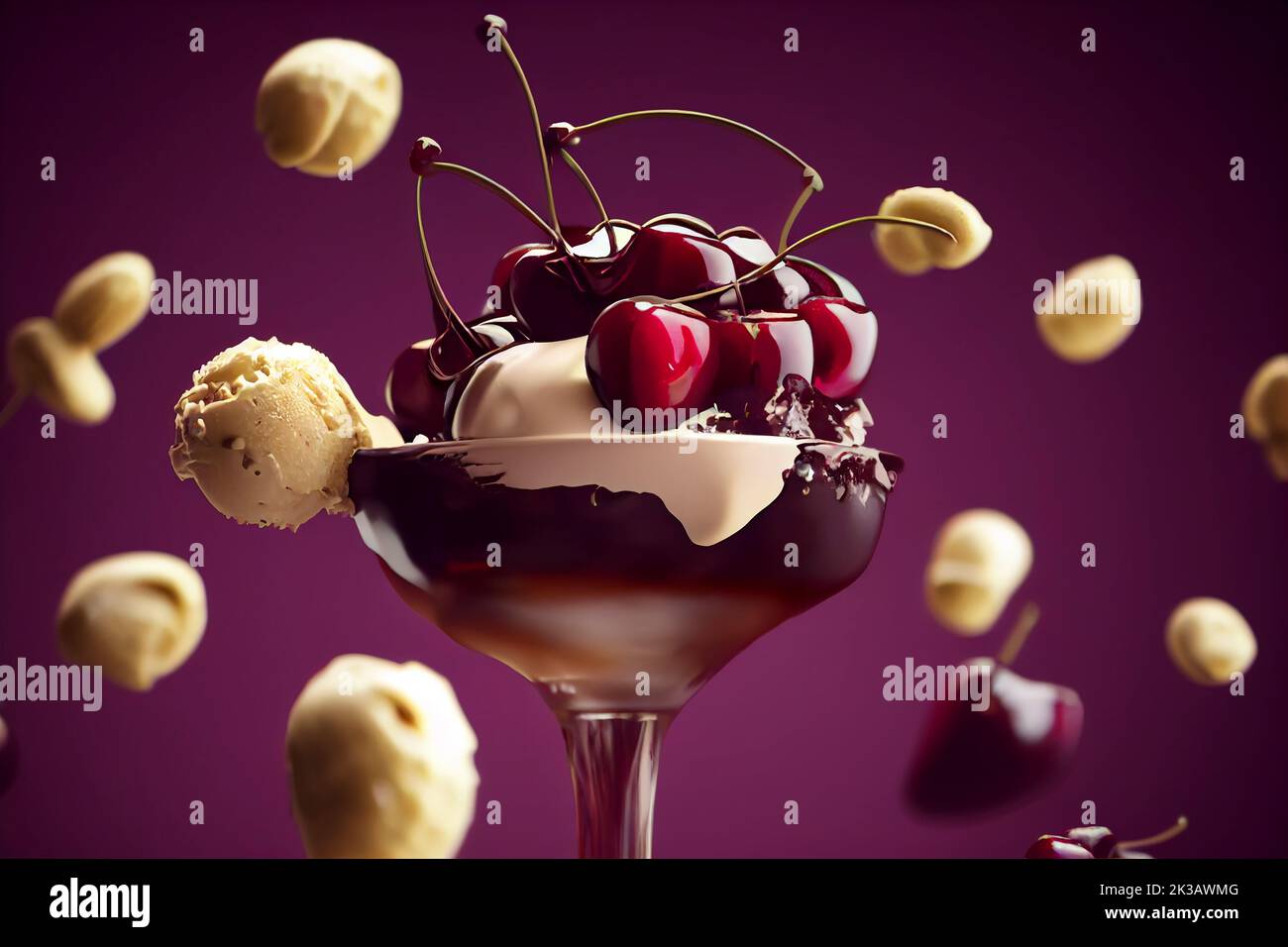 Delicious ice cream sundae with glistening cherries and chocolate syrup in a bowl, food photography and illustration Stock Photo