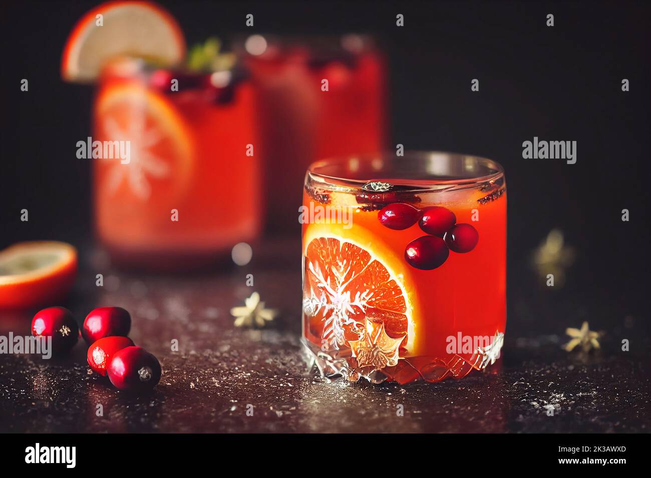 Fall and winter cranberry orange holiday punch cocktail with cinnamon, stars anise, festive Christmas party drink, food photography and illustration Stock Photo
