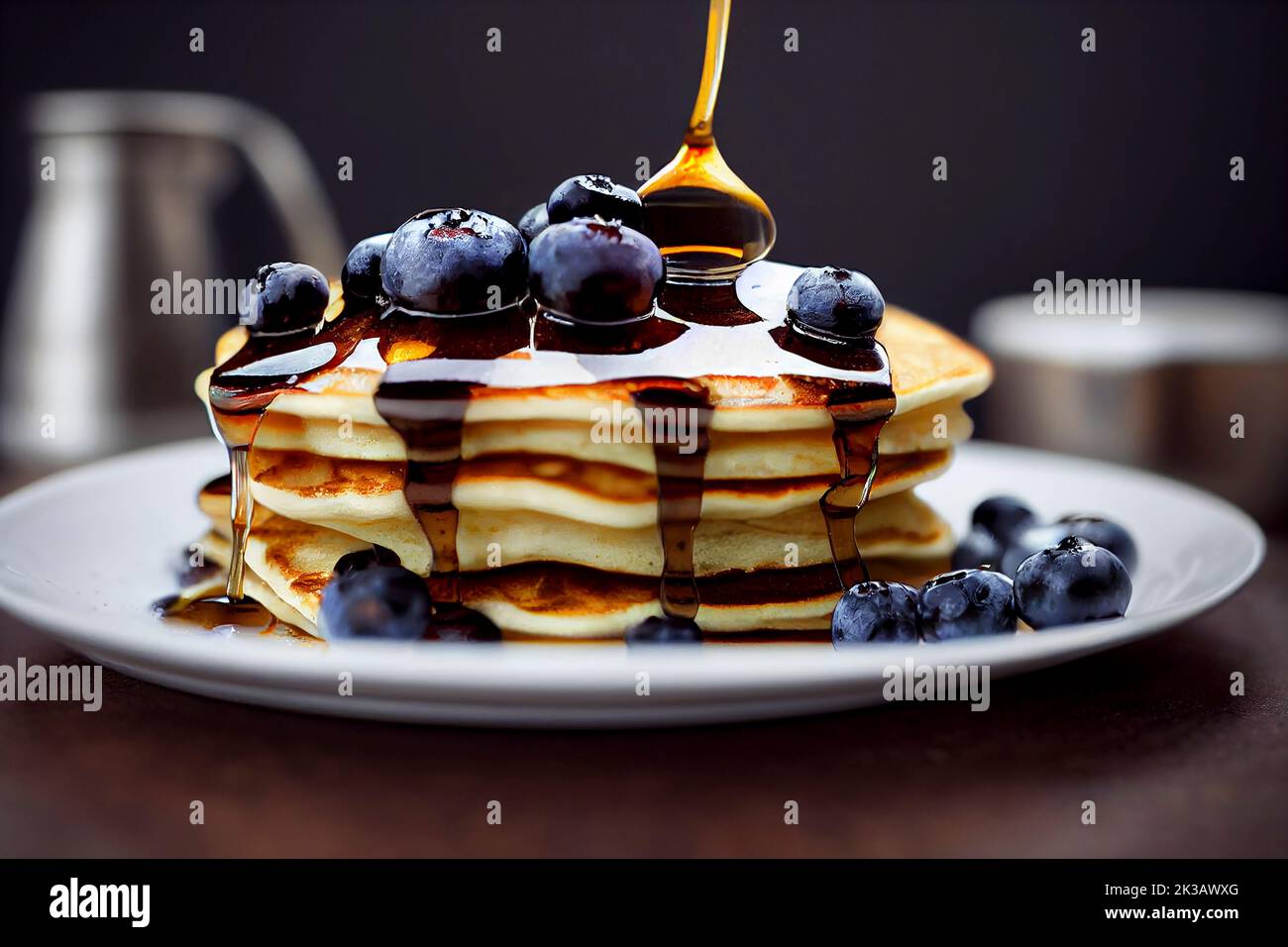 Maple syrup dripping onto a stack of blueberry pancakes, traditional breakfast or brunch, food photography and illustration Stock Photo