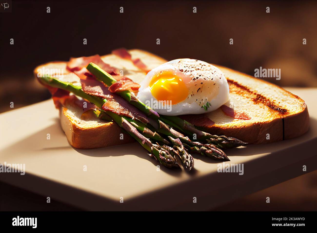 Grilled toast with asparagus, poached egg, bacon on a stone cutting board, food photography and illustration Stock Photo