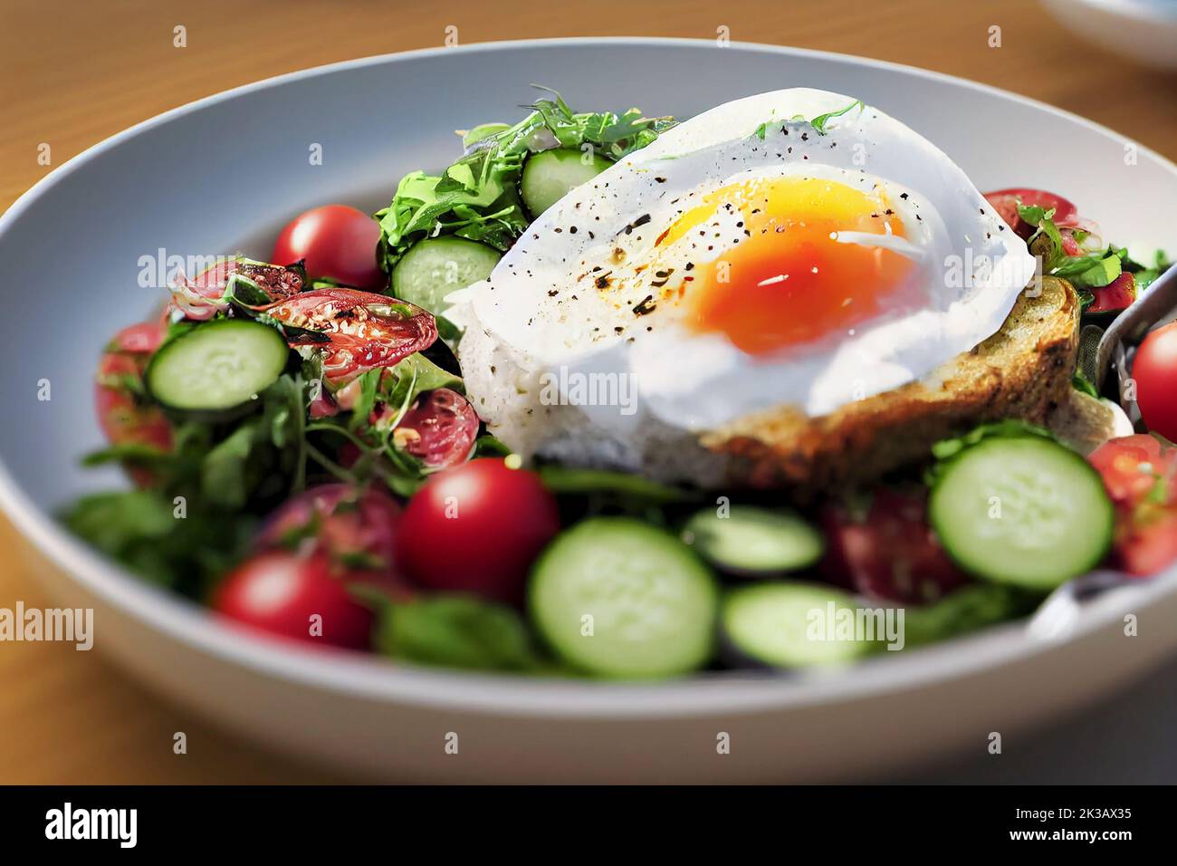 Fresh healthy light breakfast or lunch with poached egg, grains, fresh salad of cucumbers and cherry tomatoes, food photography and illustration Stock Photo