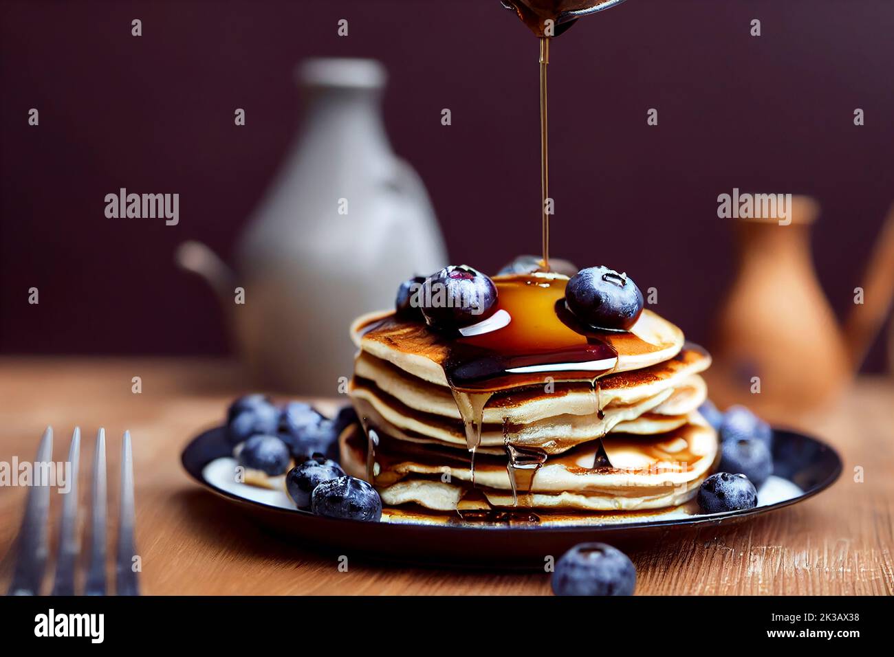 Maple syrup dripping onto a stack of blueberry pancakes, traditional breakfast or brunch, food photography and illustration Stock Photo