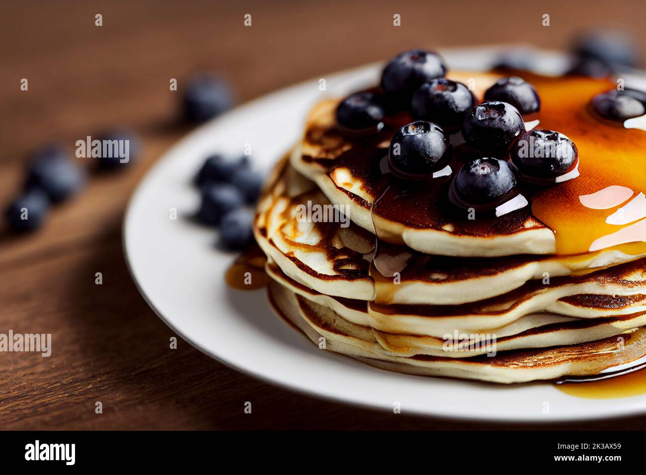 A stack of blueberry pancakes with maple syrup, traditional breakfast or brunch, food photography and illustration Stock Photo