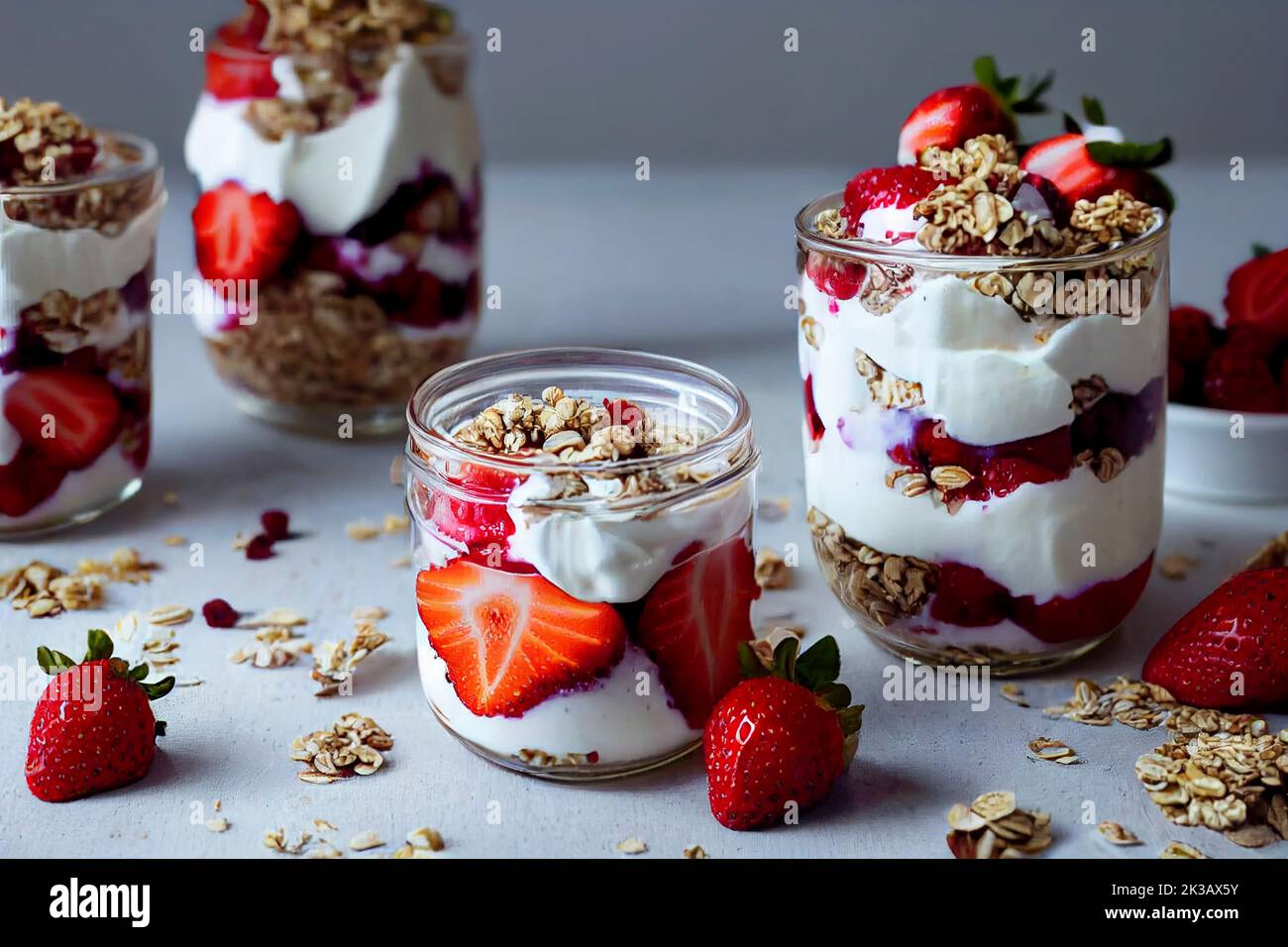 Healthy breakfast of strawberry parfaits made with fresh fruit, yogurt and granola on a white table, food photography and illustration Stock Photo