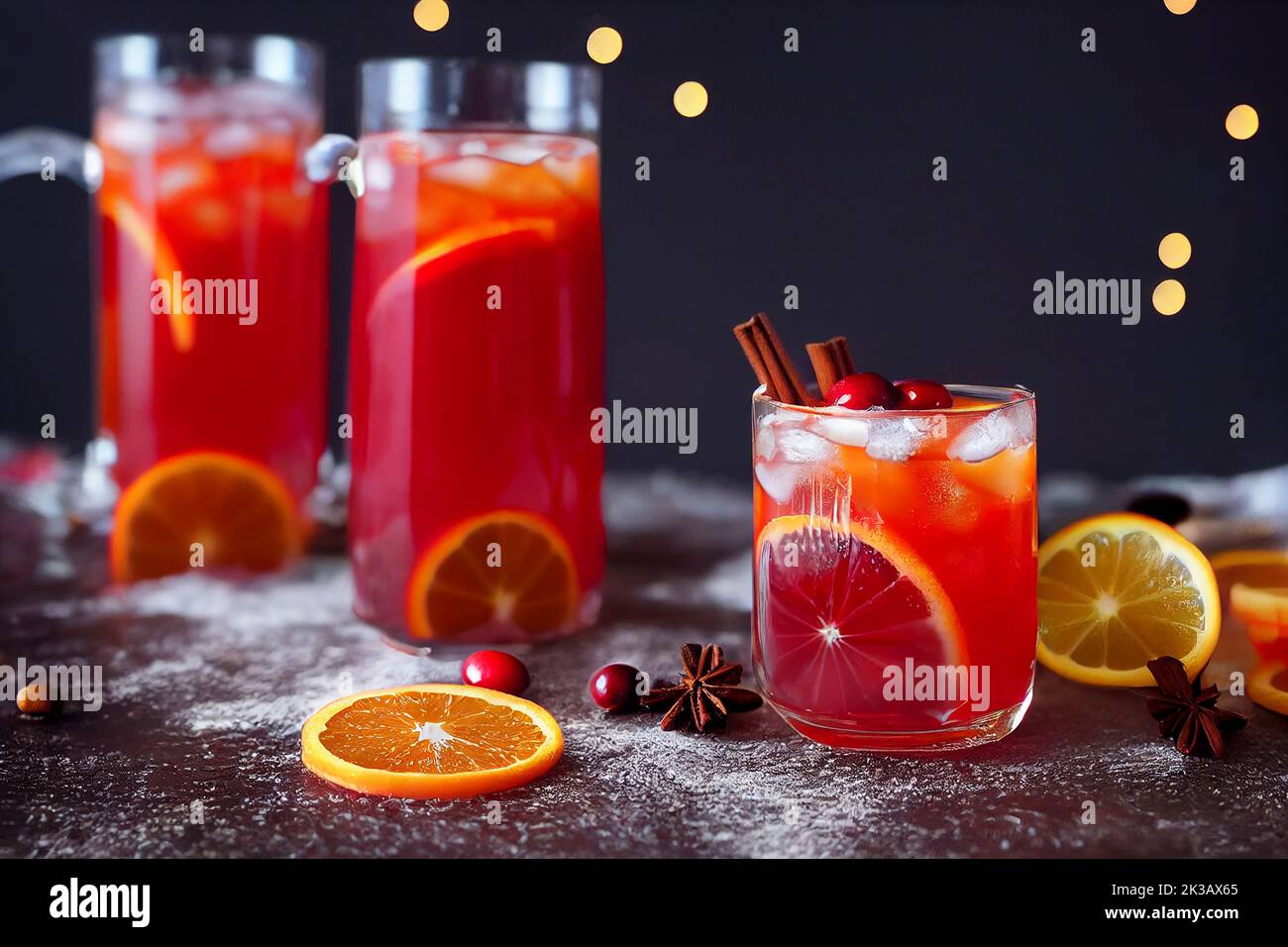 Fall and winter cranberry orange holiday punch cocktail with cinnamon, stars anise, festive Christmas party drink, food photography and illustration Stock Photo