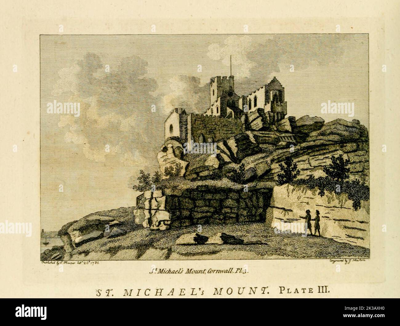 St Michael's Mount is a tidal island in Mount's Bay, Cornwall, England, United Kingdom. from the book ' Supplement to the antiquities of England and Wales ' by Francis Grose, Publication date 1777 Stock Photo