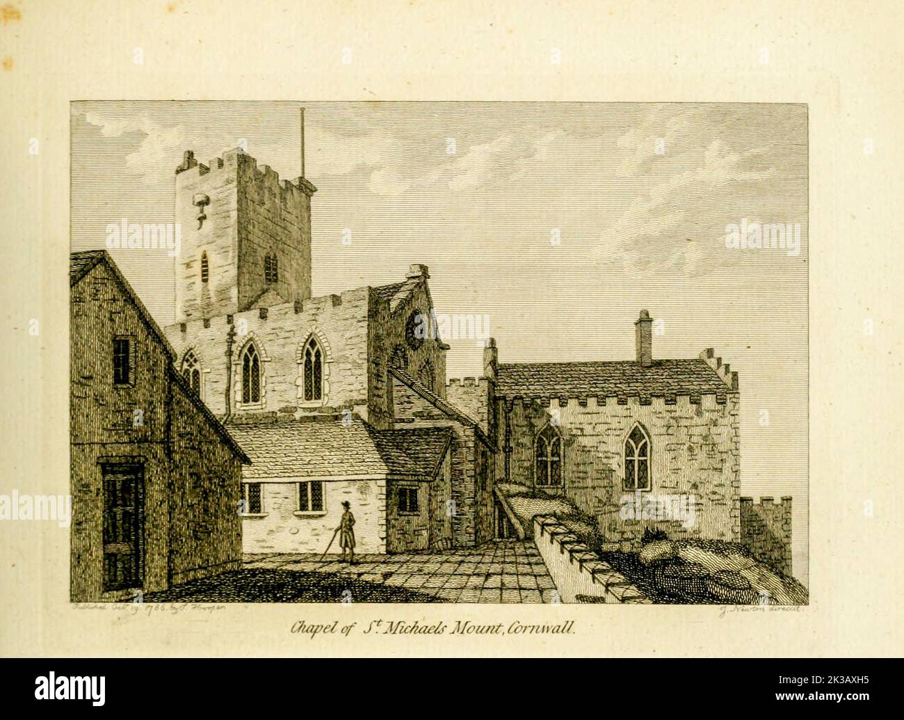 Chapel of St Michael's Mount is a tidal island in Mount's Bay, Cornwall, England, United Kingdom. from the book ' Supplement to the antiquities of England and Wales ' by Francis Grose, Publication date 1777 Stock Photo