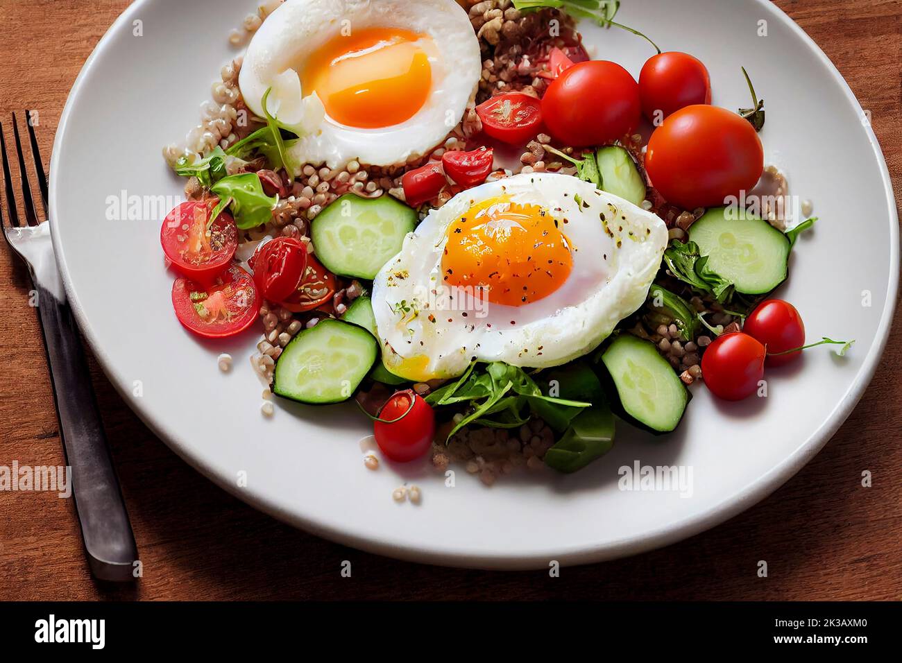 Fresh healthy light breakfast or lunch with poached egg, grains, fresh salad of cucumbers and cherry tomatoes, food photography and illustration Stock Photo