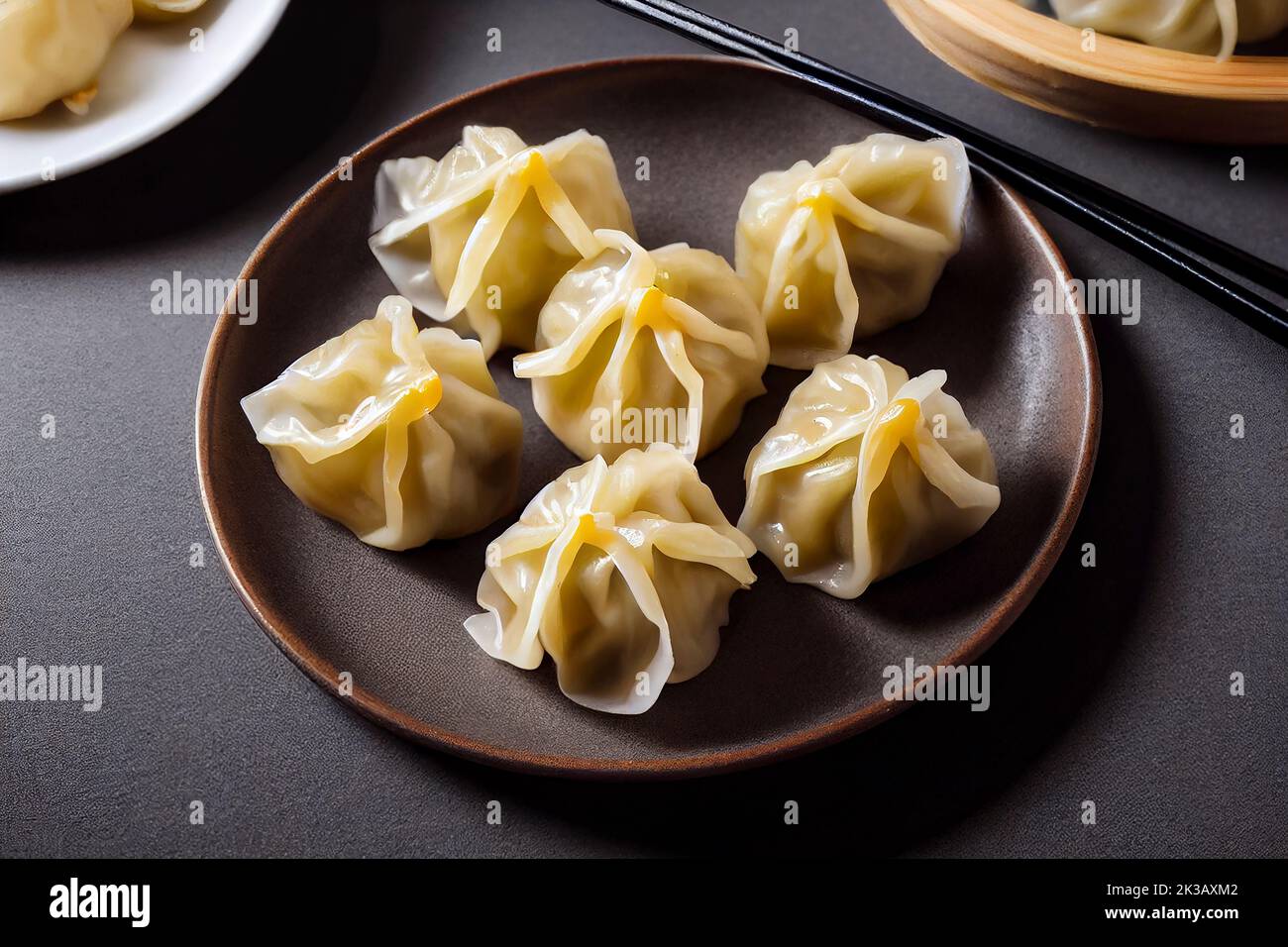 Beautifully plated Chinese dumplings on a dark table, food photography and illustration Stock Photo