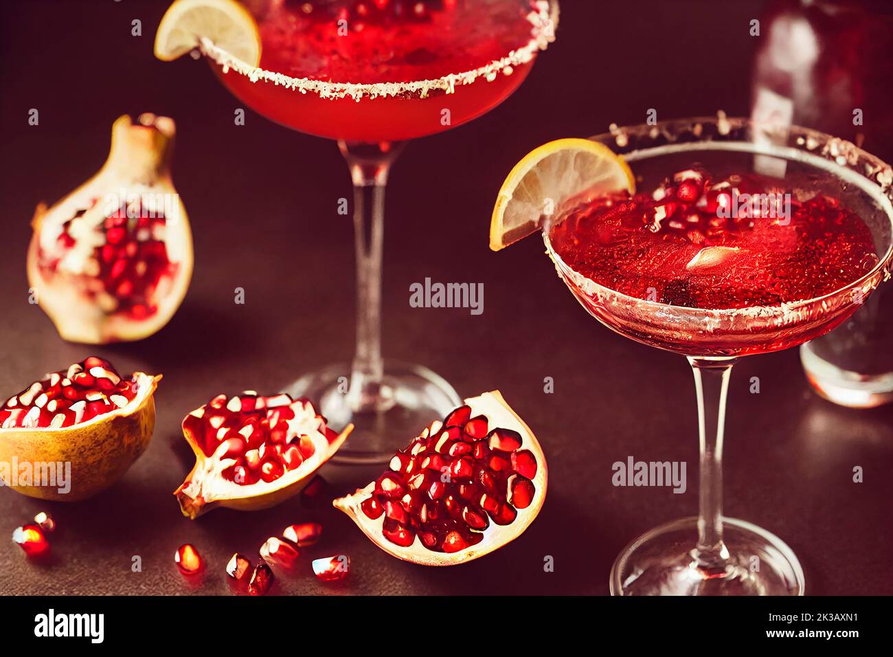 Beautiful pomegranate cocktail in flute martini glasses on dark background, festive party drink, contrast lighting, food photography and illustration Stock Photo
