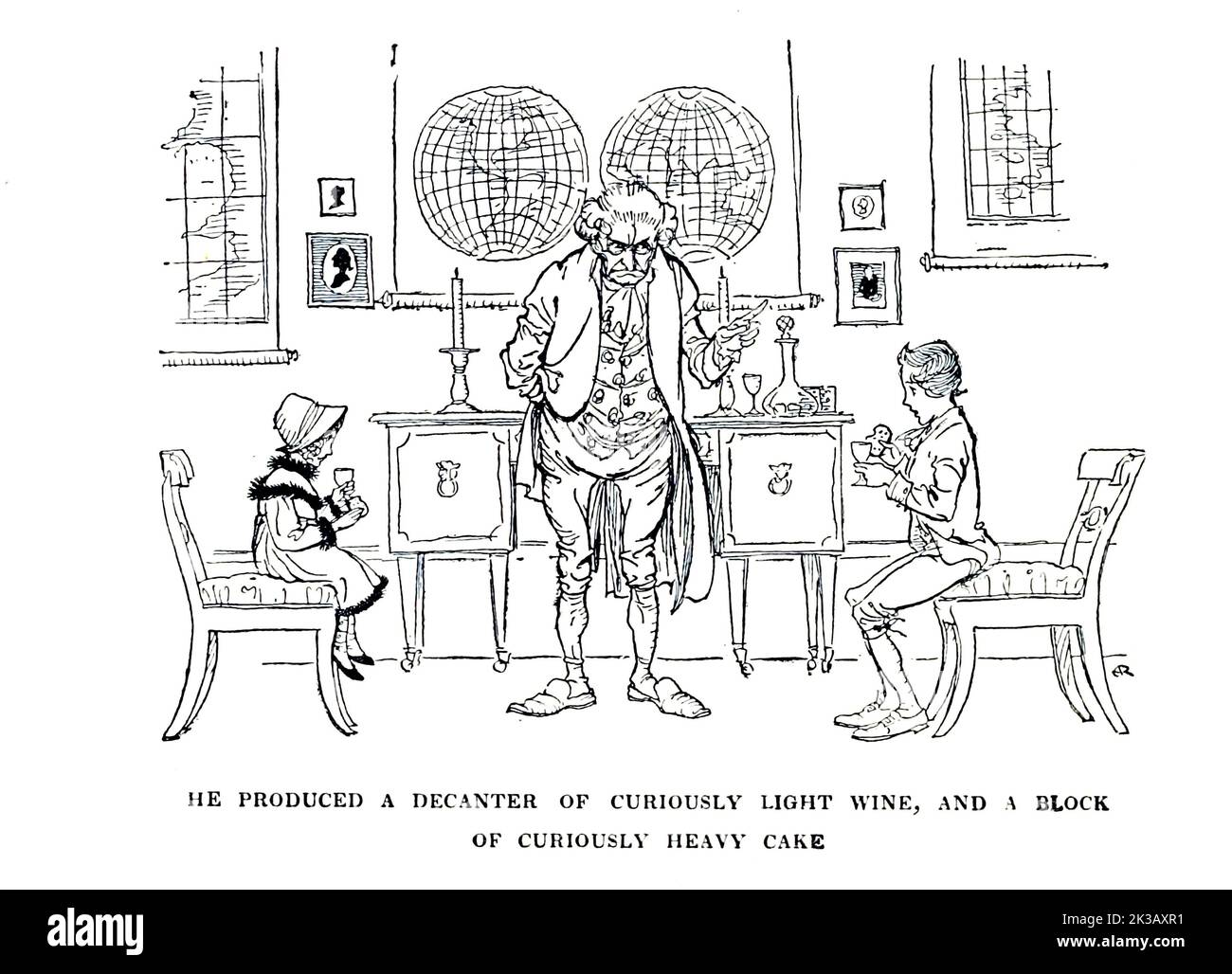 He produced a decanter of curiously light wine and a block of curiously heavy cake Illustrated by Arthur Rackham from the book ' A Christmas carol ' by Charles Dickens, Publication date 1915 Publisher London : William Heinemann ; Philadelphia : J.B. Lippincott Co. Stock Photo