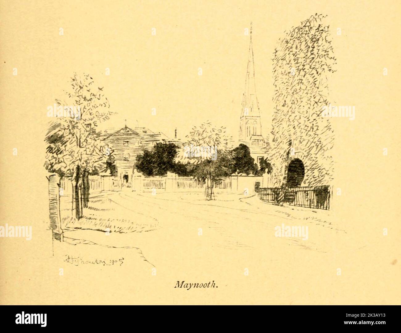 Maynooth is a university town in north County Kildare, Ireland. illustrated by Hugh Thomson from the book ' The famous cities of Ireland ' by Gwynn, Stephen Lucius, Publisher: Publisher: Dublin, Maunsel & Co., ; New York, The Macmillan Co 1915 Stock Photo