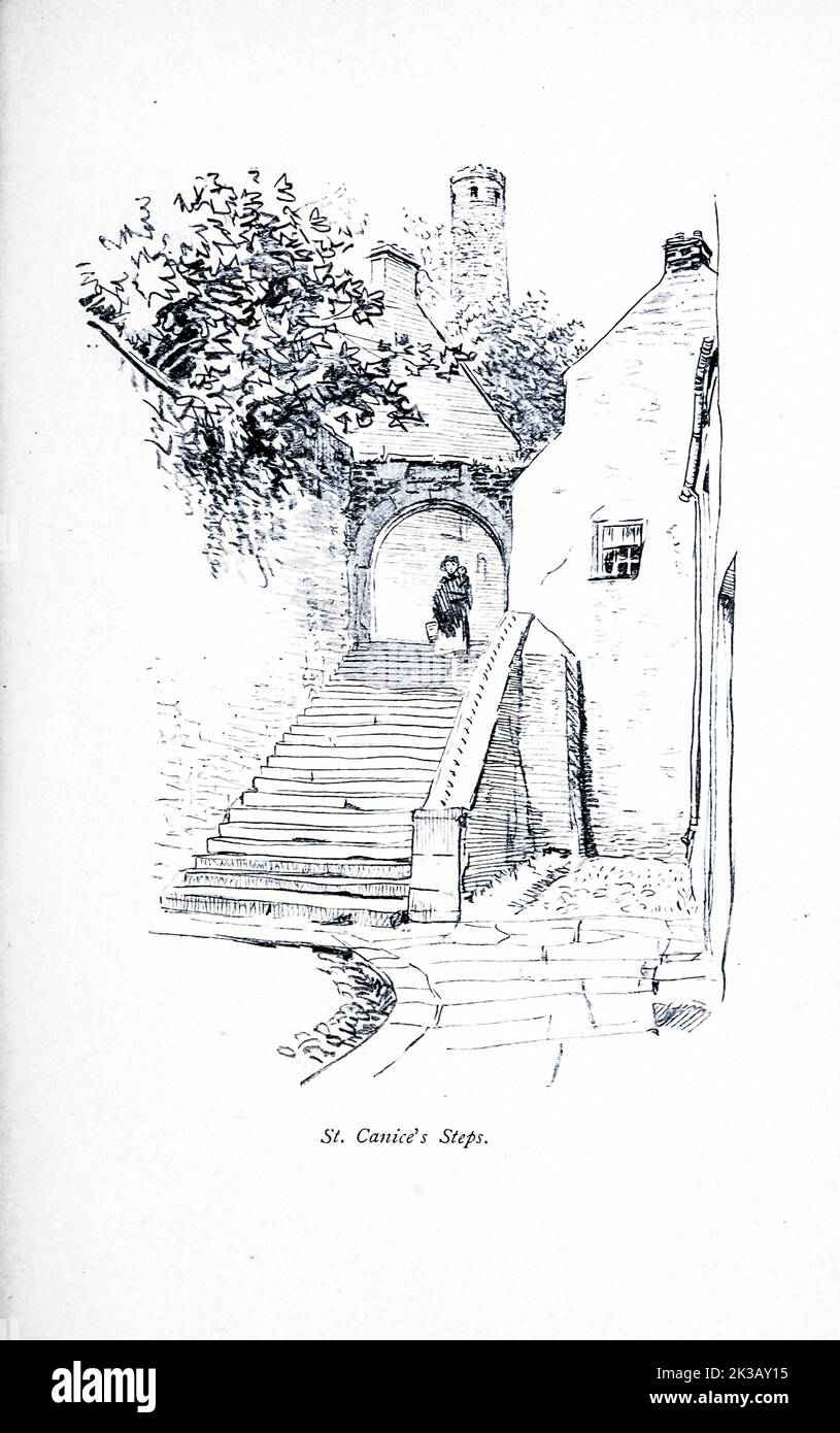 St. Canice's Steps, Kilkenny illustrated by Hugh Thomson from the book ' The famous cities of Ireland ' by Gwynn, Stephen Lucius, Publisher: Publisher: Dublin, Maunsel & Co., ; New York, The Macmillan Co 1915 Stock Photo