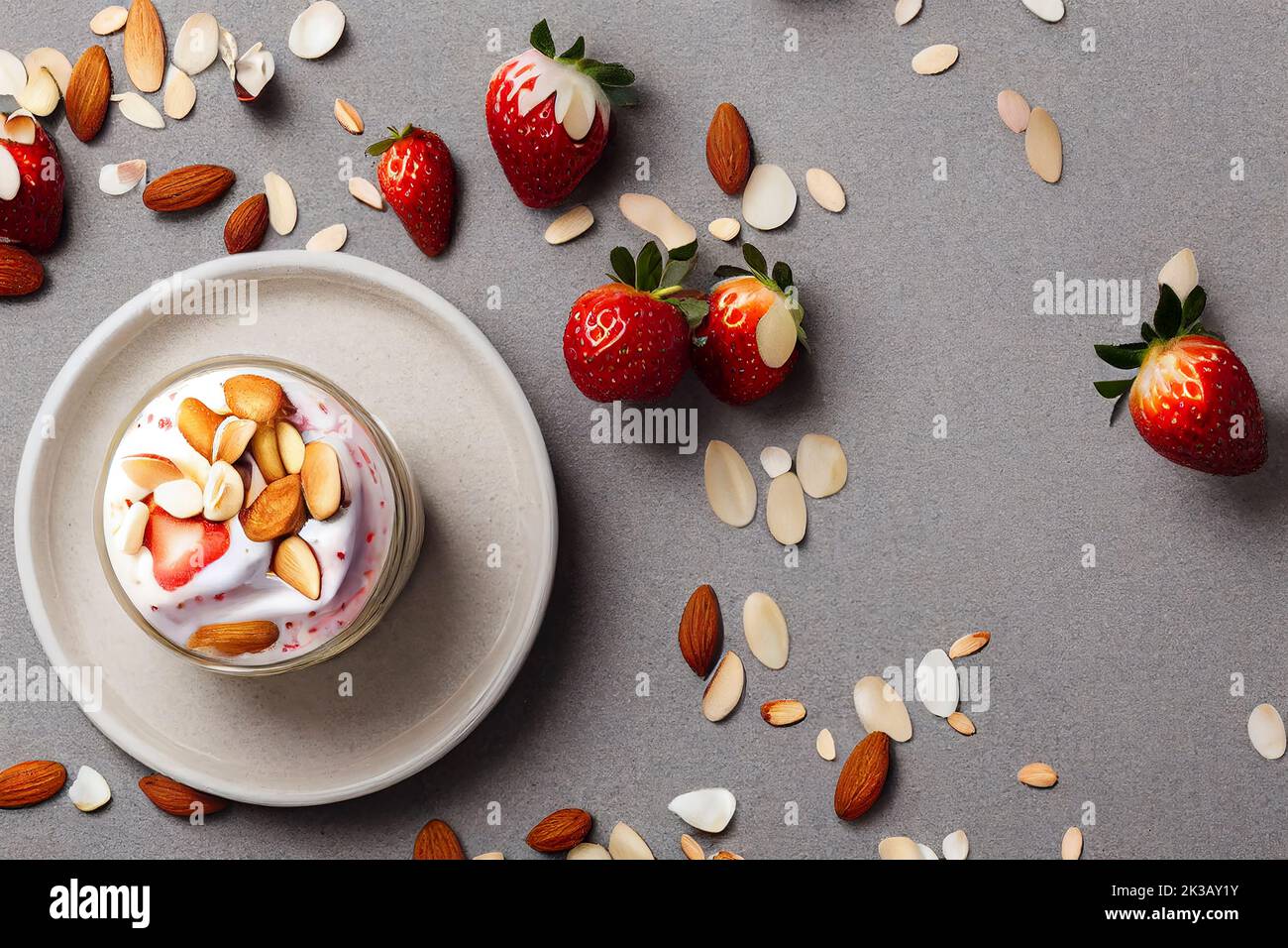 Healthy breakfast of strawberry parfaits made with fresh fruit, yogurt and granola on a gray table, food photography and illustration Stock Photo
