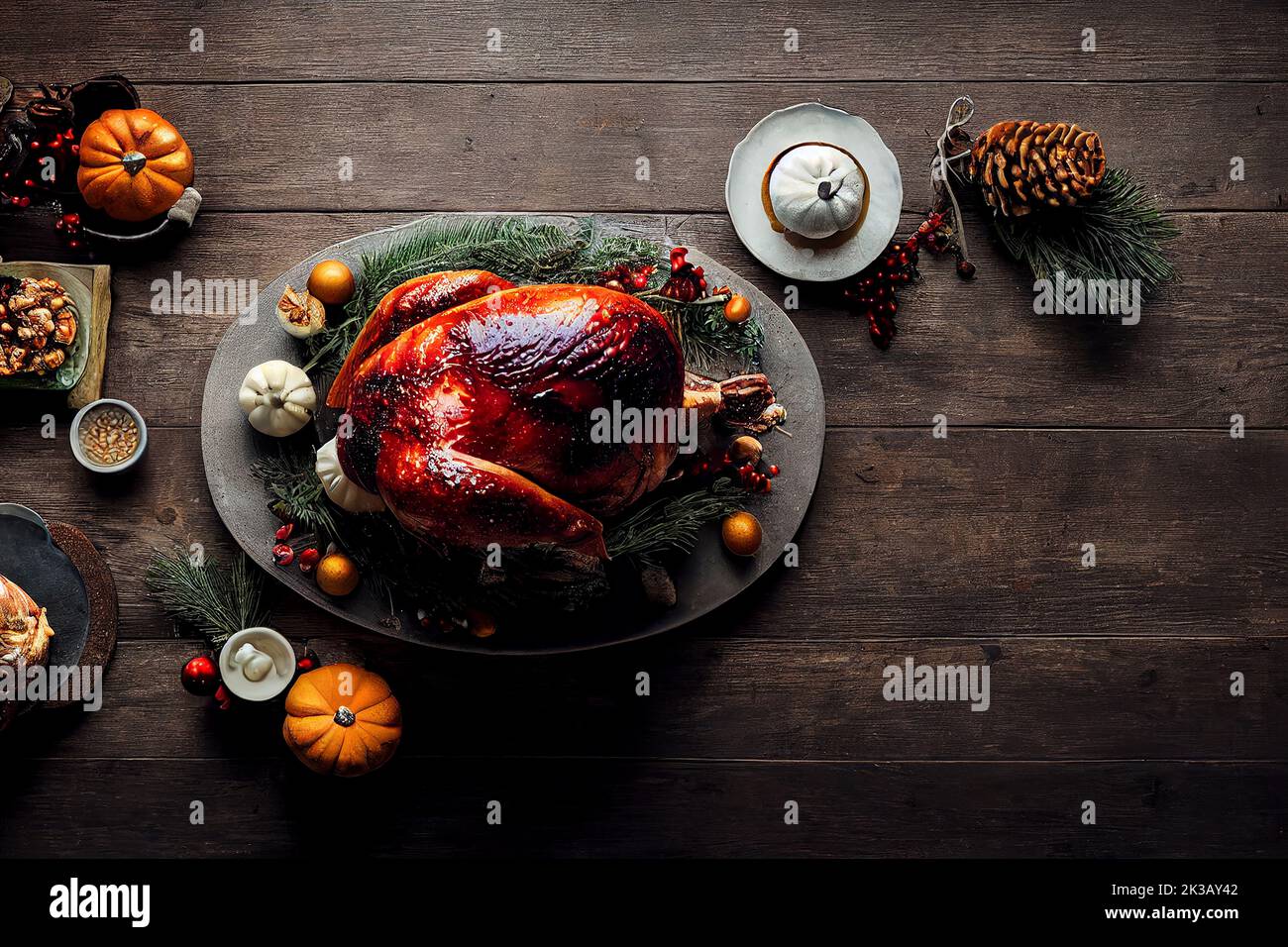 Table with roasted turkey and fixings, traditional Thanksgiving Holiday celebration food, food photography and illustration Stock Photo