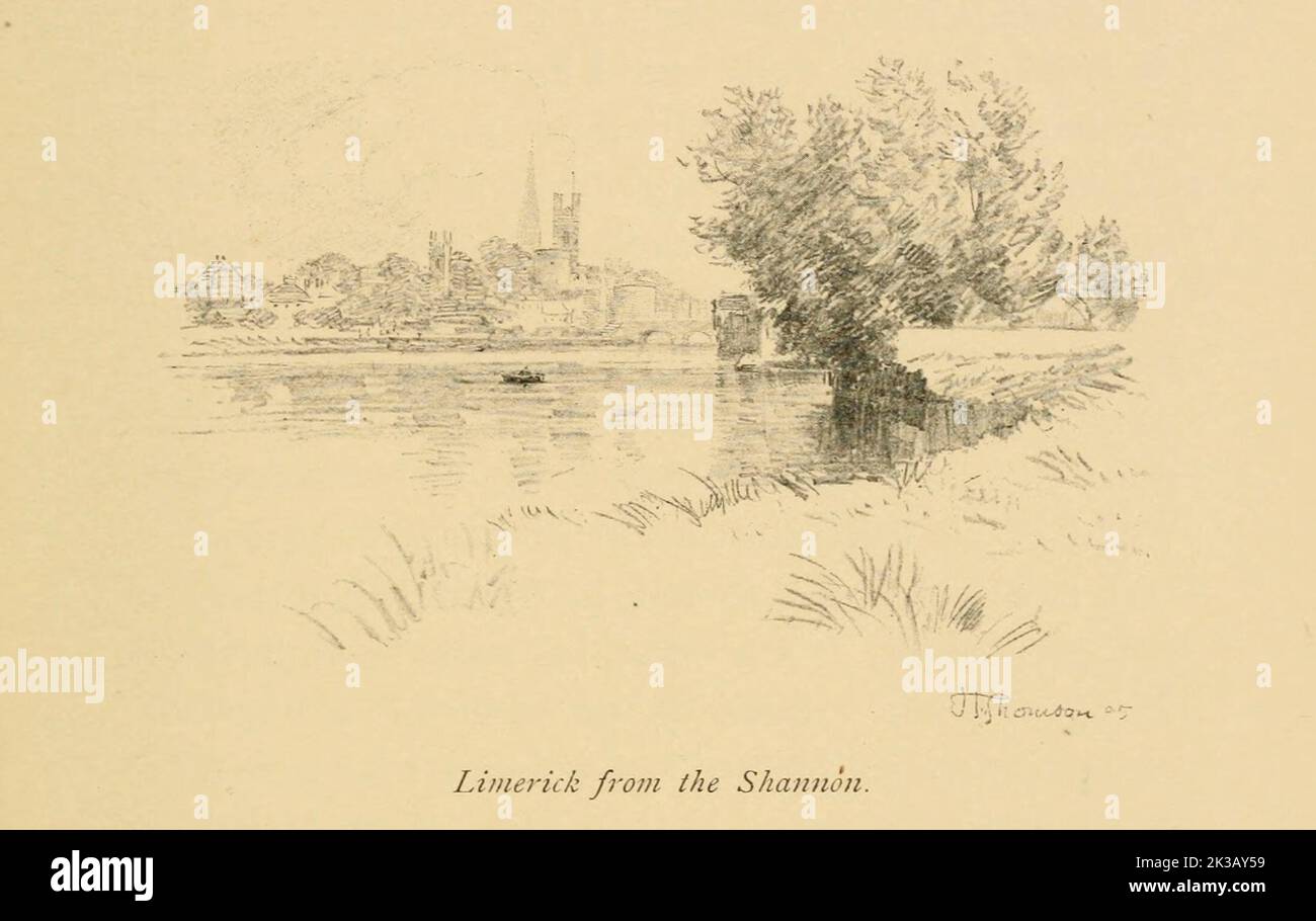 LIMERICK FROM THE SHANNON illustrated by Hugh Thomson from the book ' The famous cities of Ireland ' by Gwynn, Stephen Lucius, Publisher: Publisher: Dublin, Maunsel & Co., ; New York, The Macmillan Co 1915 Stock Photo