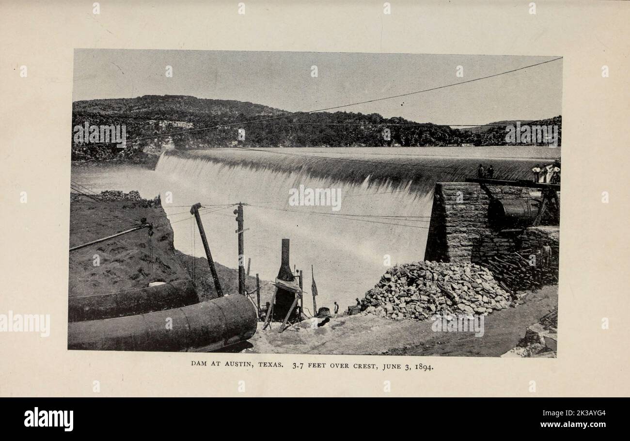 water flowing out of the Dam of Austin from the Article THE GREAT DAM AT AUSTIN, TEXAS. By Frank E. Snyder, C. E. from The Engineering Magazine DEVOTED TO INDUSTRIAL PROGRESS Volume VIII April to September, 1895 NEW YORK The Engineering Magazine Co Stock Photo