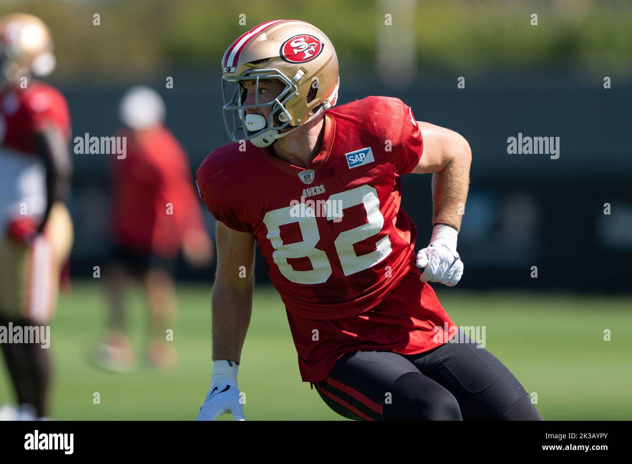 Sep 22, 2022; Santa Clara, California, USA;  San Francisco 49ers tight end Ross Dwelley (82) during practice at the SAP Performance Center next to Levi’s Stadium. (Stan Szeto/Image of Sport) Stock Photo