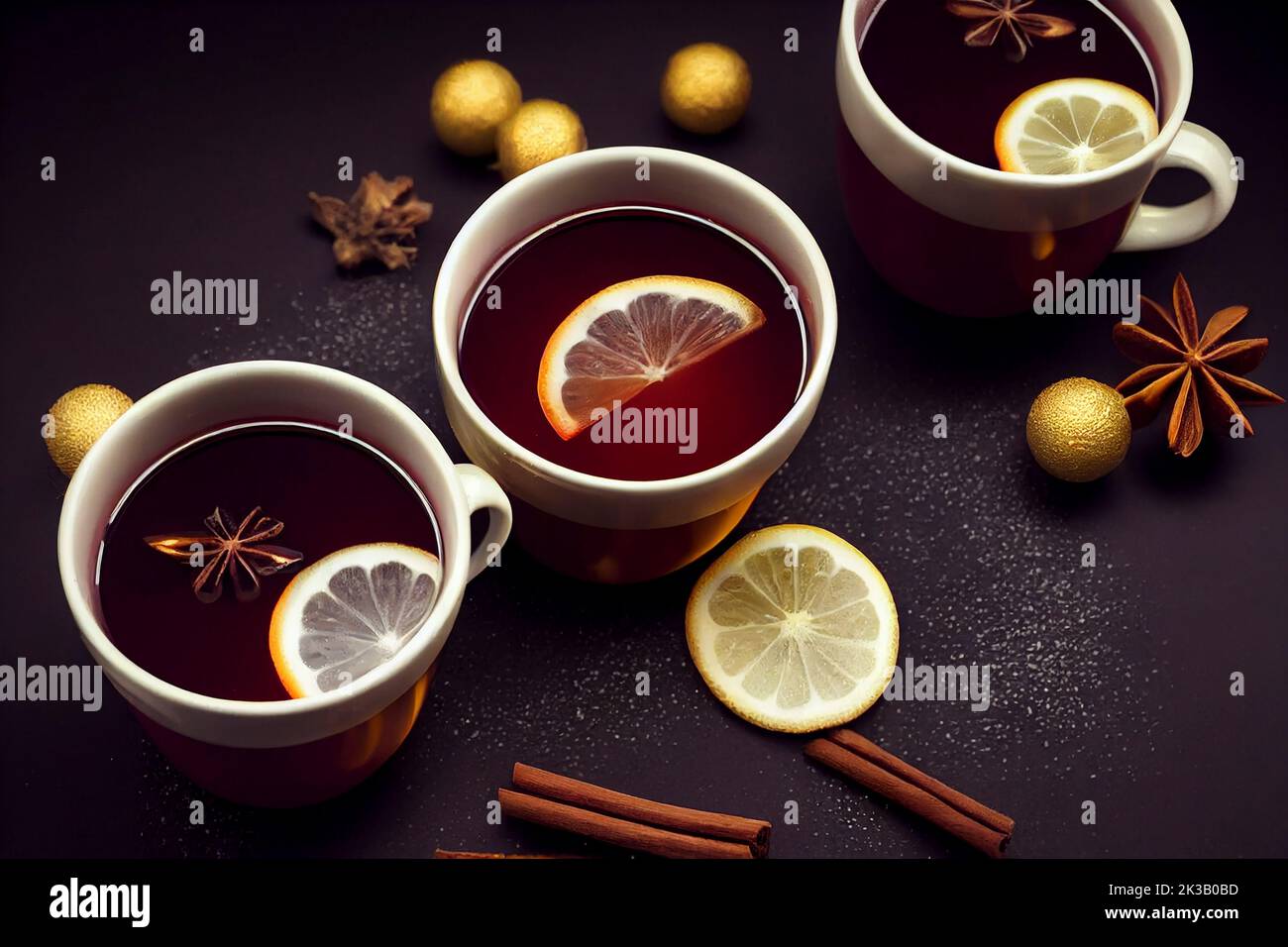 Mugs of mulled wine with cinnamon, stars anise and lemon, hot winter drink, dramatic lighting, food photography and illustration Stock Photo