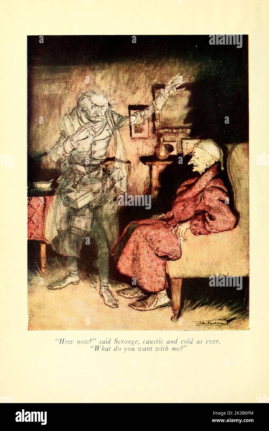 How now ? said Scrooge, caustic and cold as ever. What do you want with me ? Frontispiece Illustrated by Arthur Rackham from the book ' A Christmas carol ' by Charles Dickens, Publication date 1915 Publisher London : William Heinemann ; Philadelphia : J.B. Lippincott Co. Stock Photo