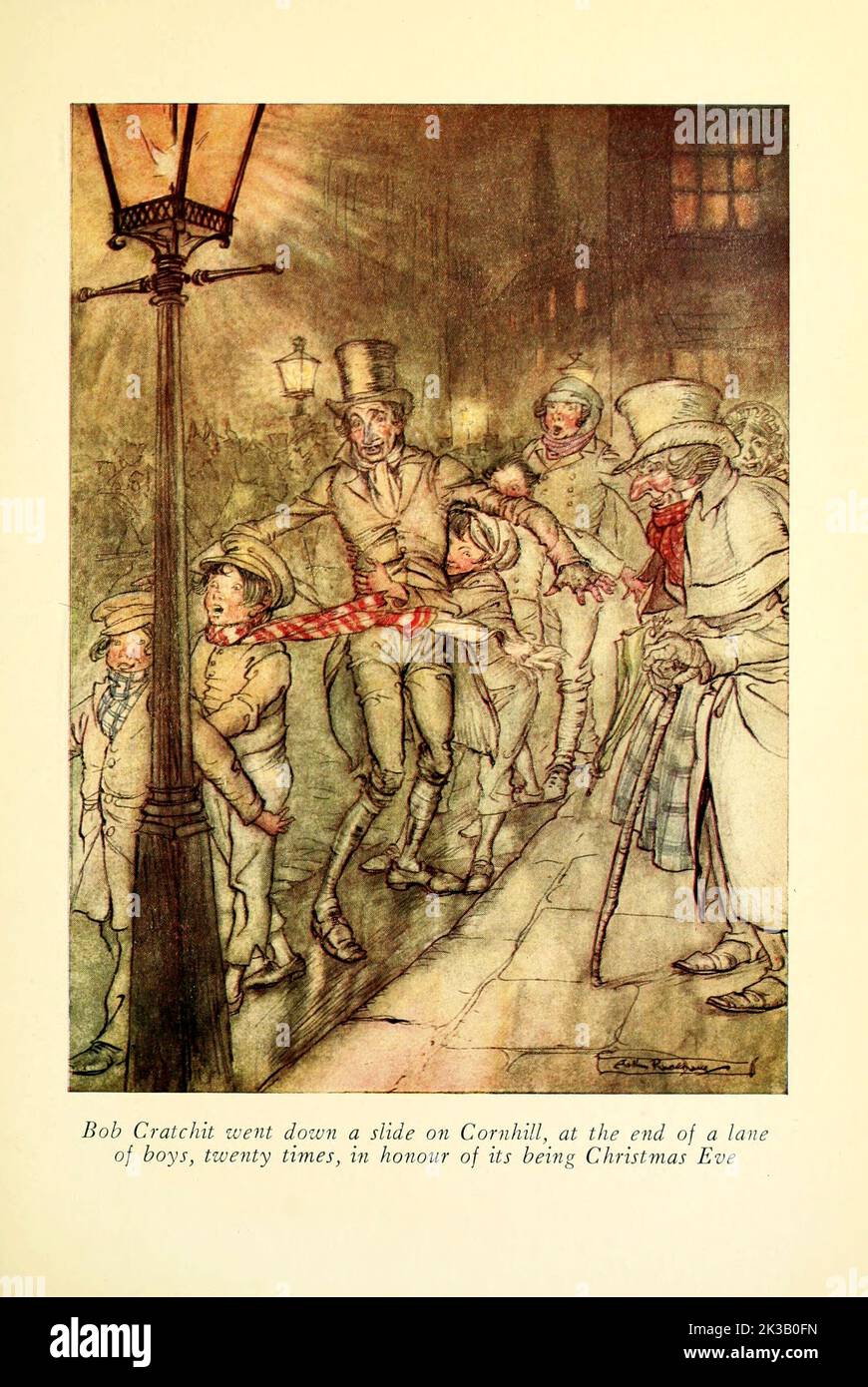Bob Cratchit went down a slide on Cornhill, at the end of a lane of boys, twenty times, in honour of its being Christmas Eve Illustrated by Arthur Rackham from the book ' A Christmas carol ' by Charles Dickens, Publication date 1915 Publisher London : William Heinemann ; Philadelphia : J.B. Lippincott Co. Stock Photo