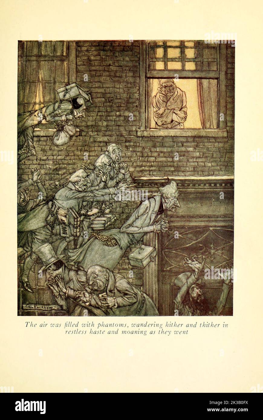 The air was filled with phantoms, wandering hither and thither in restless haste and moaning as they went Illustrated by Arthur Rackham from the book ' A Christmas carol ' by Charles Dickens, Publication date 1915 Publisher London : William Heinemann ; Philadelphia : J.B. Lippincott Co. Stock Photo