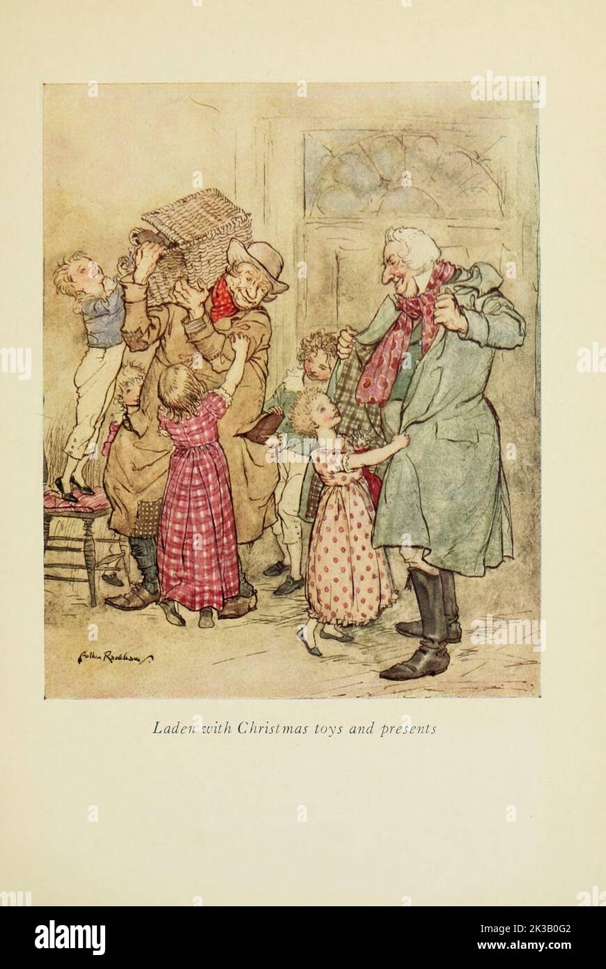 Laden with Christmas toys and presents Illustrated by Arthur Rackham from the book ' A Christmas carol ' by Charles Dickens, Publication date 1915 Publisher London : William Heinemann ; Philadelphia : J.B. Lippincott Co. Stock Photo