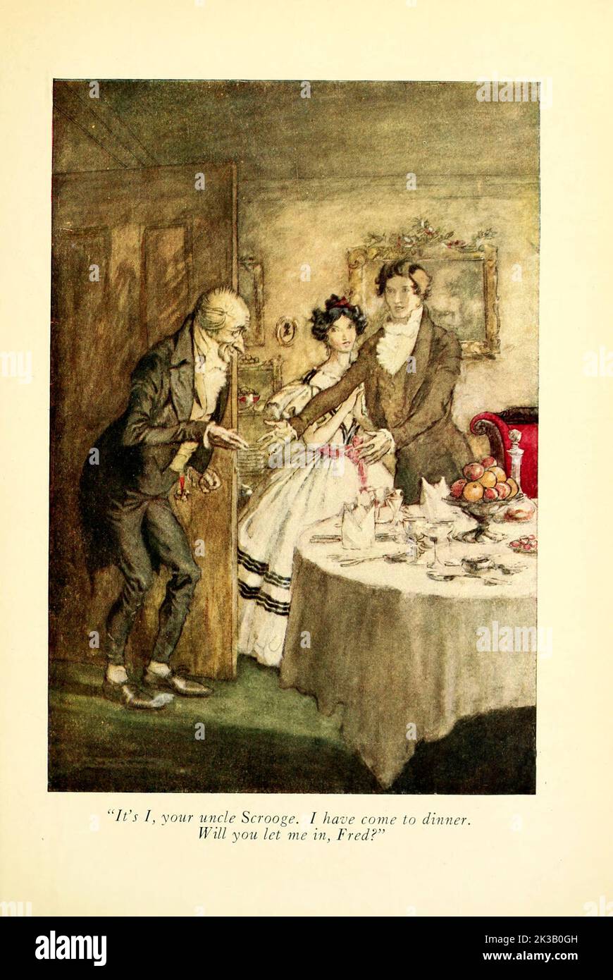 It's I, your uncle Scrooge. I have come to dinner. Will you let me in, Fred ? Illustrated by Arthur Rackham from the book ' A Christmas carol ' by Charles Dickens, Publication date 1915 Publisher London : William Heinemann ; Philadelphia : J.B. Lippincott Co. Stock Photo