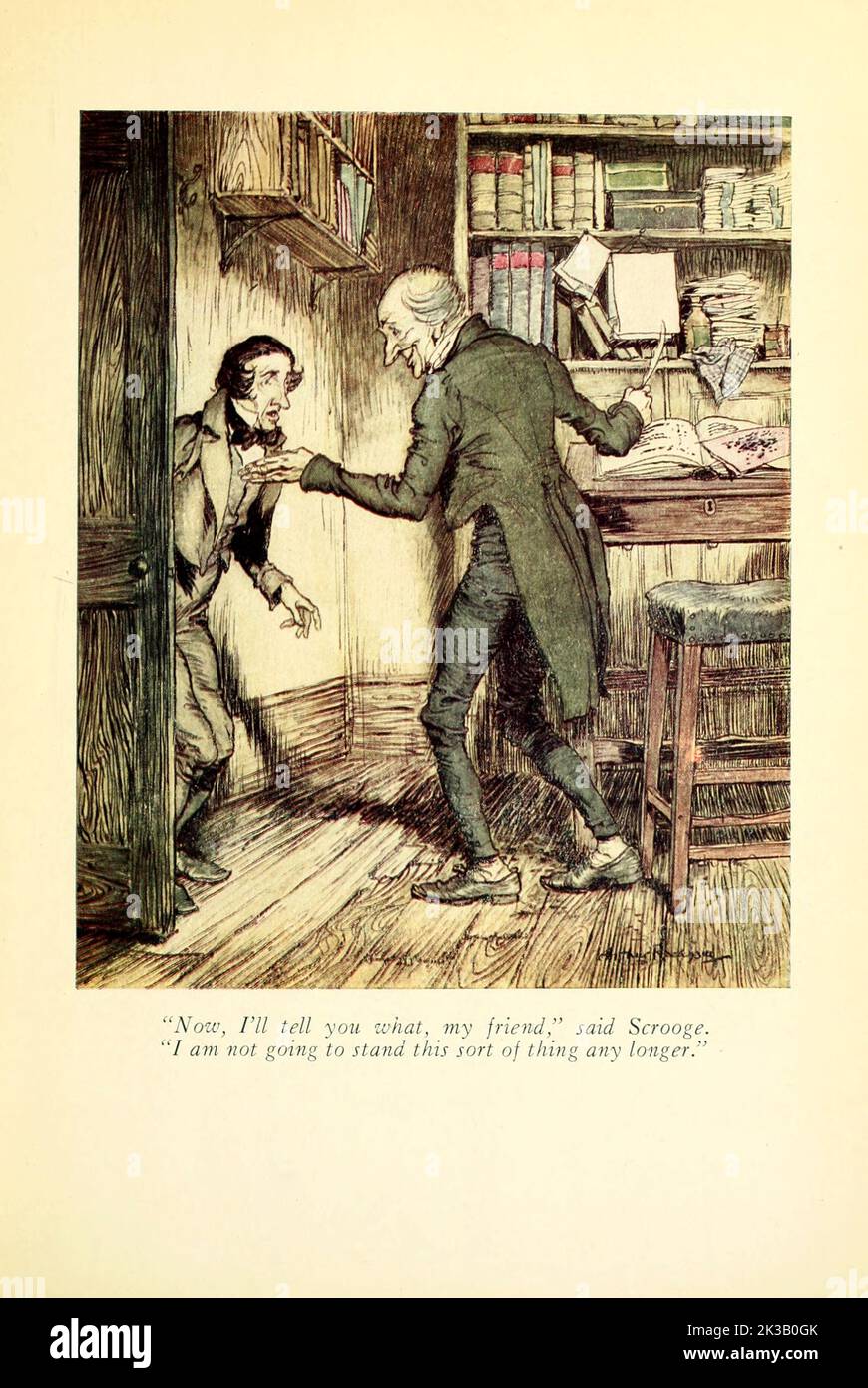 ' Now, I'll tell you what, my friend,' said Scrooge. ' I am not going to stand this sort of thing any longer ' Illustrated by Arthur Rackham from the book ' A Christmas carol ' by Charles Dickens, Publication date 1915 Publisher London : William Heinemann ; Philadelphia : J.B. Lippincott Co. Stock Photo