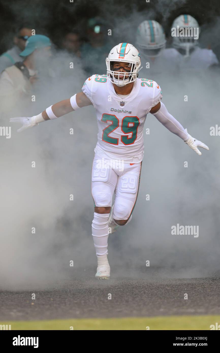 Sunday, September 25, 2022; Miami Gardens, FL USA;  Miami Dolphins safety Brandon Jones (29) enters the field from the tunnel at the start an NFL game Stock Photo