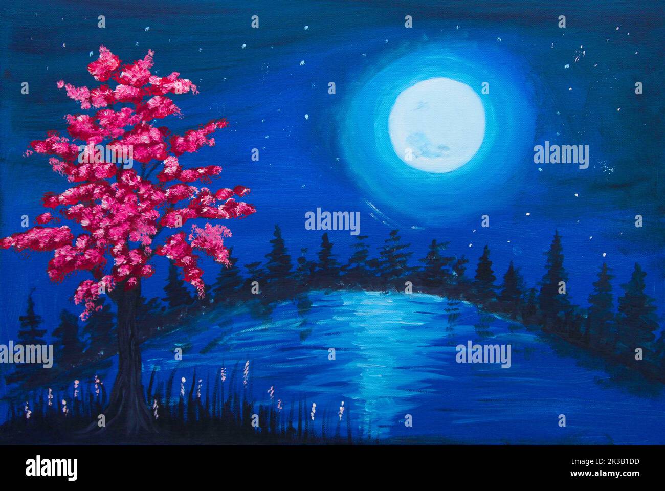 Oil painting of Full moon on blue starlit night shining on hilltop