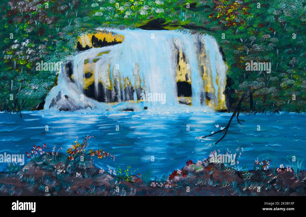 Oil painting of Small waterfall along peaceful river hidden inside a forest Stock Photo