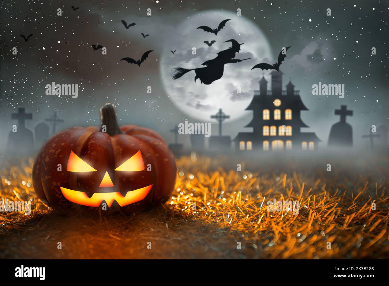 Spooky Halloween Pumpkin in graveyard at moonlight with dead tree and