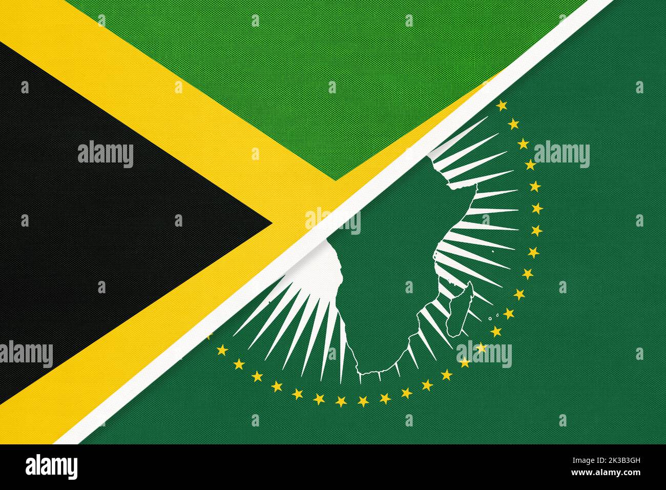 African Union and Jamaica, national flag from textile. Africa continent