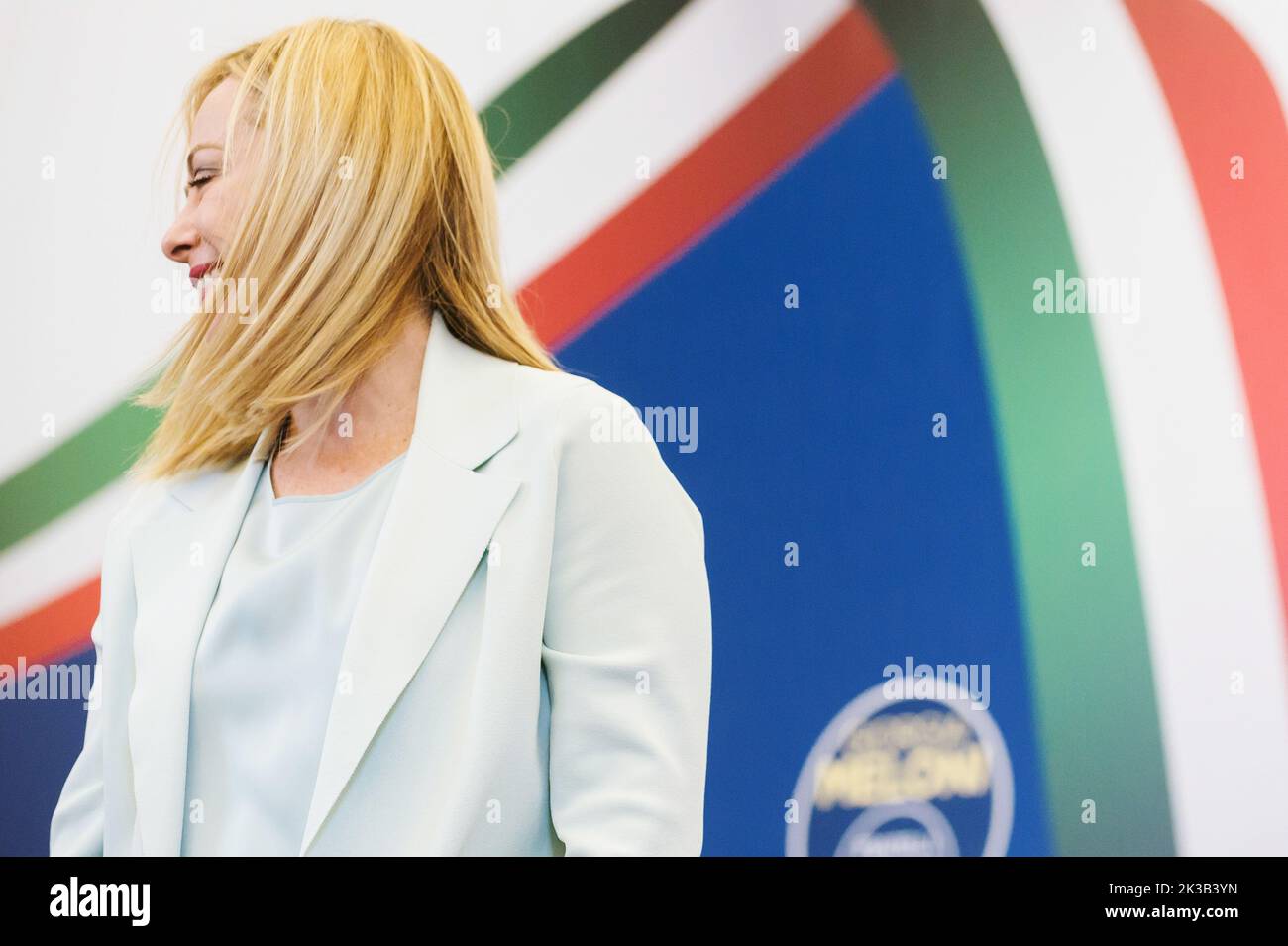 Rome, Italy. 26th Sep, 2022. Giorgia Meloni seen during a press conference. Giorgia Meloni, leader of the far right and national-conservative party Fratelli díItalia (Brothers of Italy), commented the victory of the party at the Italian elections, held on 25 September 2022, at Parco Principi Hotel in Rome. (Photo by Valeria Ferraro/SOPA Images/Sipa USA) Credit: Sipa USA/Alamy Live News Stock Photo