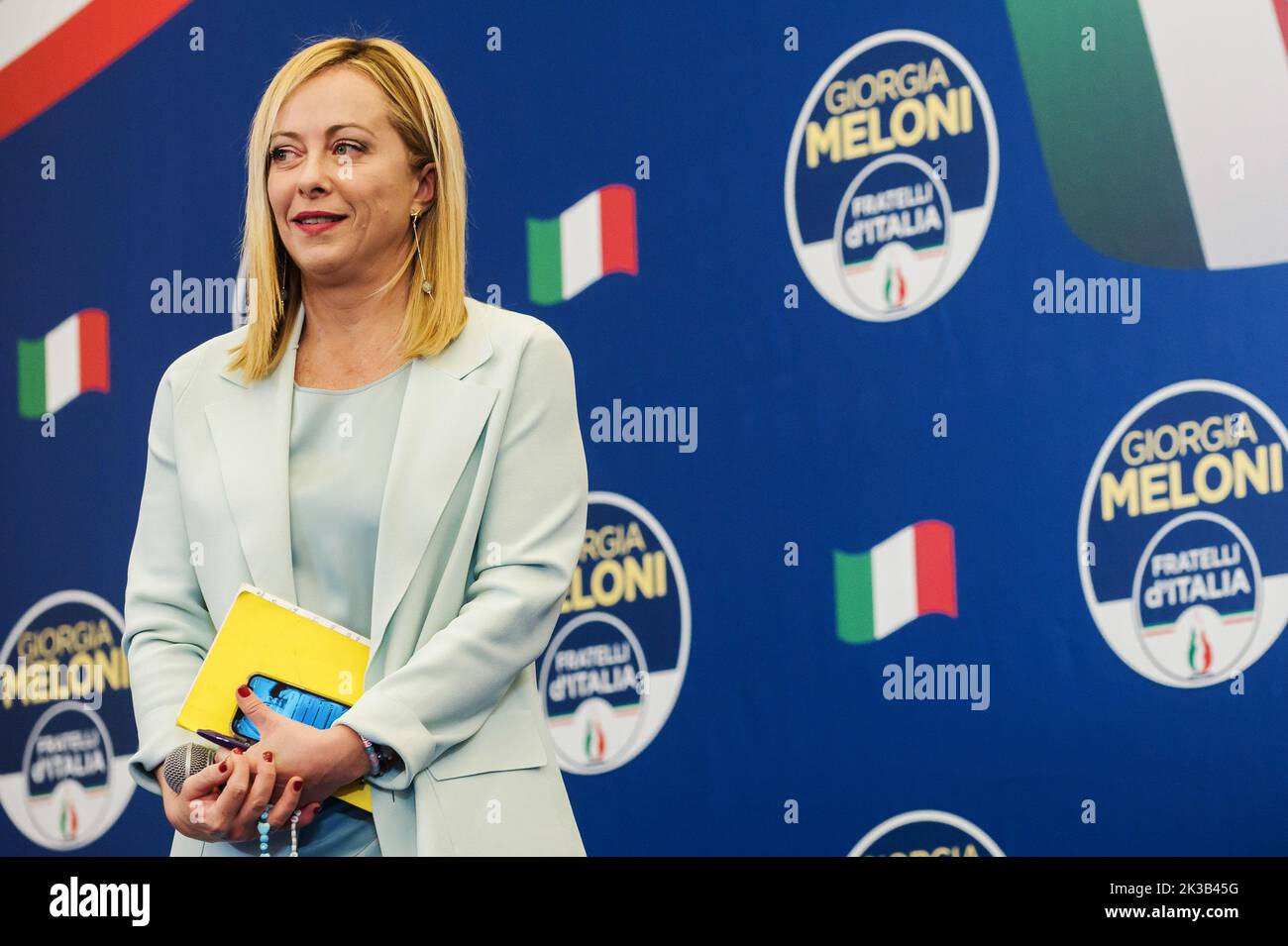 Rome, Italy. 25th Sep, 2022. Giorgia Meloni seen during a press conference. Giorgia Meloni, leader of the far right and national-conservative party Fratelli díItalia (Brothers of Italy), commented the victory of the party at the Italian elections, held on 25 September 2022, at Parco Principi Hotel in Rome. Credit: SOPA Images Limited/Alamy Live News Stock Photo