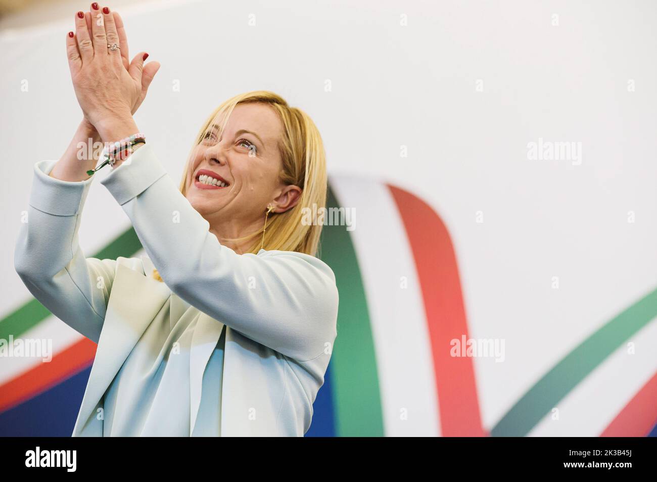 Rome, Italy. 25th Sep, 2022. Giorgia Meloni seen during a press conference. Giorgia Meloni, leader of the far right and national-conservative party Fratelli díItalia (Brothers of Italy), commented the victory of the party at the Italian elections, held on 25 September 2022, at Parco Principi Hotel in Rome. Credit: SOPA Images Limited/Alamy Live News Stock Photo