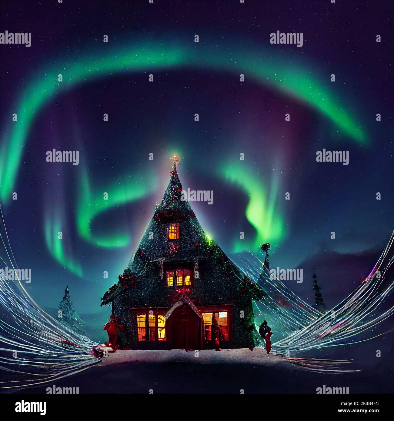 Match bue specifikation Santa's house at the North Pole in the Arctic circle Northern Lights in the  sky. Pine ttrees,decorated Christmas ornaments, surrounded by snowfall  Stock Photo - Alamy