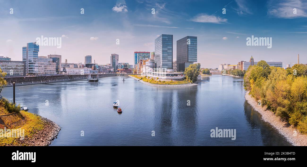 Panoramic view of Famous and popular post industrial hipster district in the city of Dusseldorf is Media Harbor or Medienhafen. Now built up with hote Stock Photo
