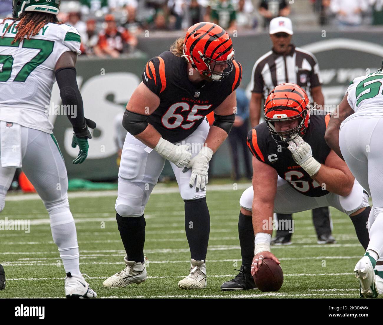 Cincinnati Bengals guard Alex Cappa (65) in coverage during an NFL football  game against the New