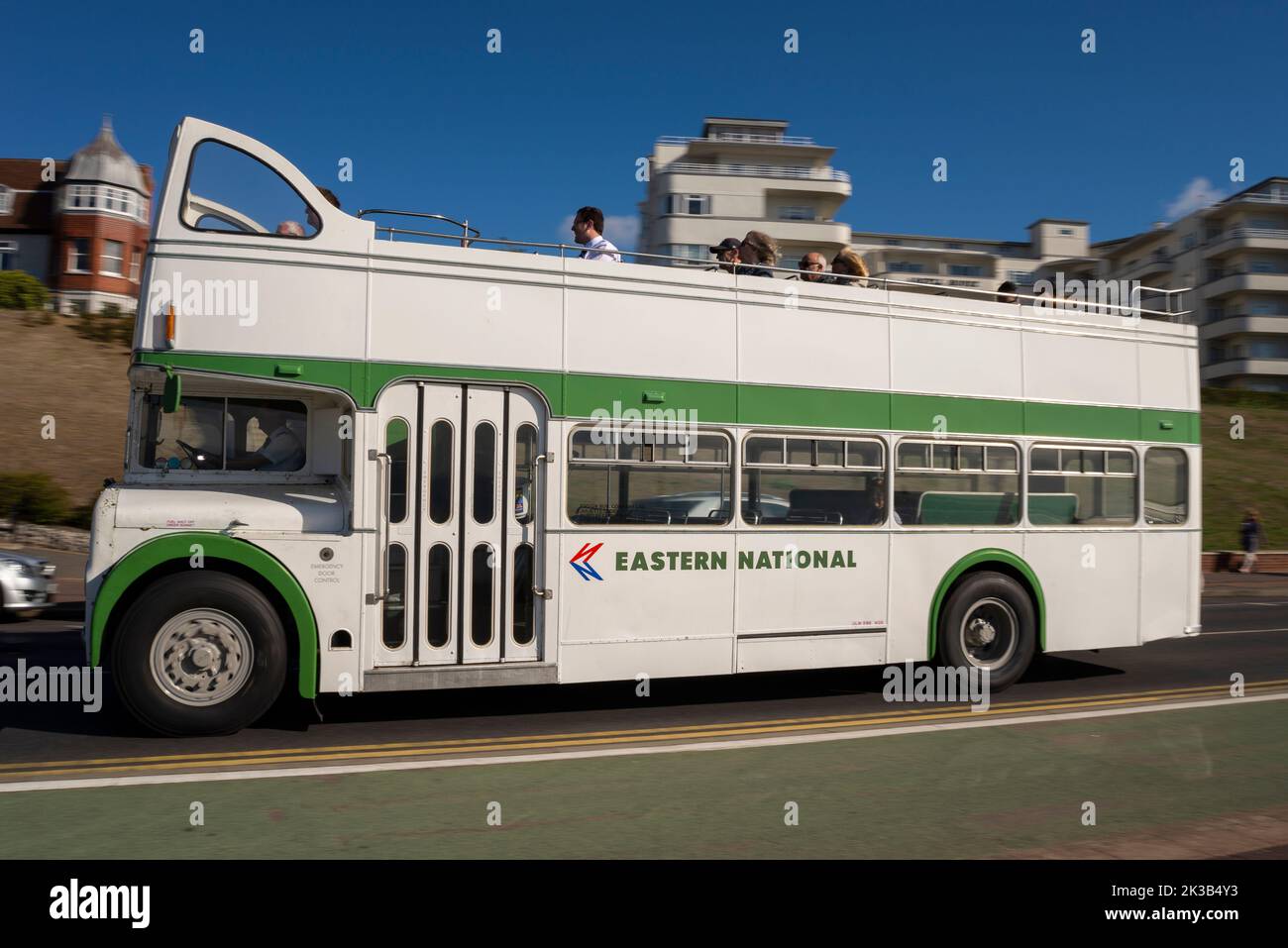 Vintage 1963 Bristol Lodekka FLF6G open top bus in Eastern National scheme operating the EnsignBus Route 68 seafront service in Southend on Sea, Essex Stock Photo