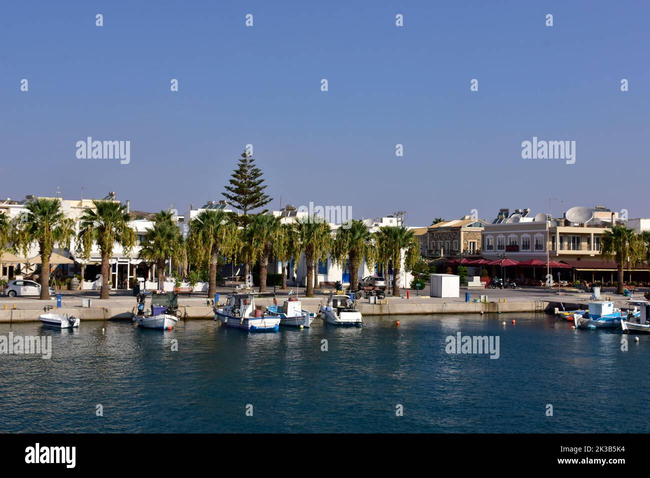 View from the sea of the port of Kardamena on the Greek island of Kos on a summer holiday day. Stock Photo